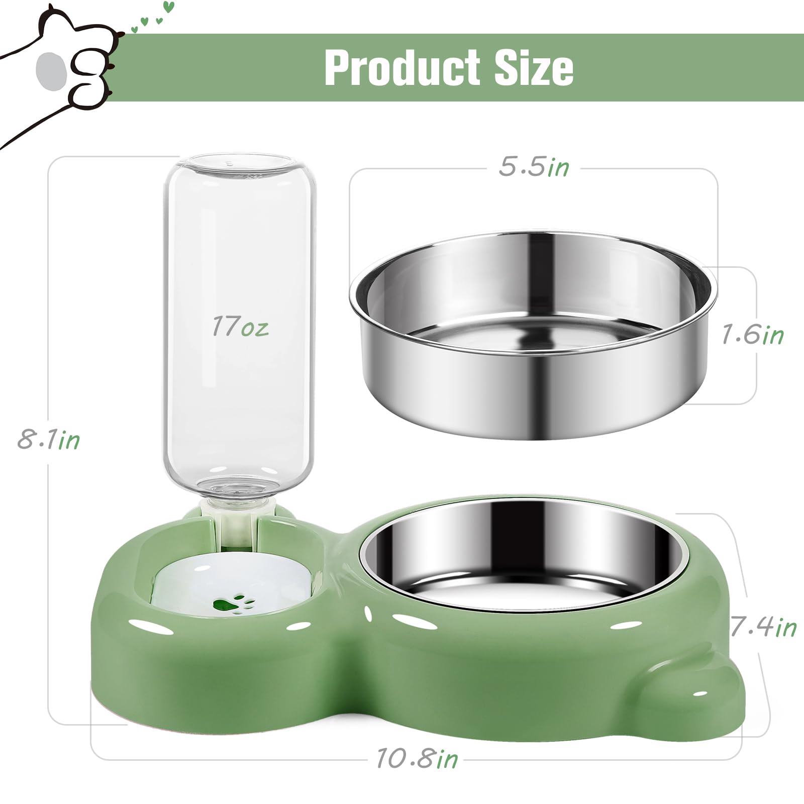 Stainless Steel Cat & Dog Bowls Set with Water Dispenser - Non-Slip Pet Food & Water Dishes for Small Dogs & Cats - Perfect for Home, Travel & Outdoor Use (Green)
