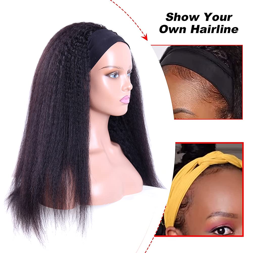 30 Inch Kinky Straight Human Hair Wig - 180% Density 12A Grade Yaki Straight Headband Wig for Black Women | Natural Black Color Half Wig with Attached Headband | Perfect for Daily Wear, Parties & Protective Hairstyles