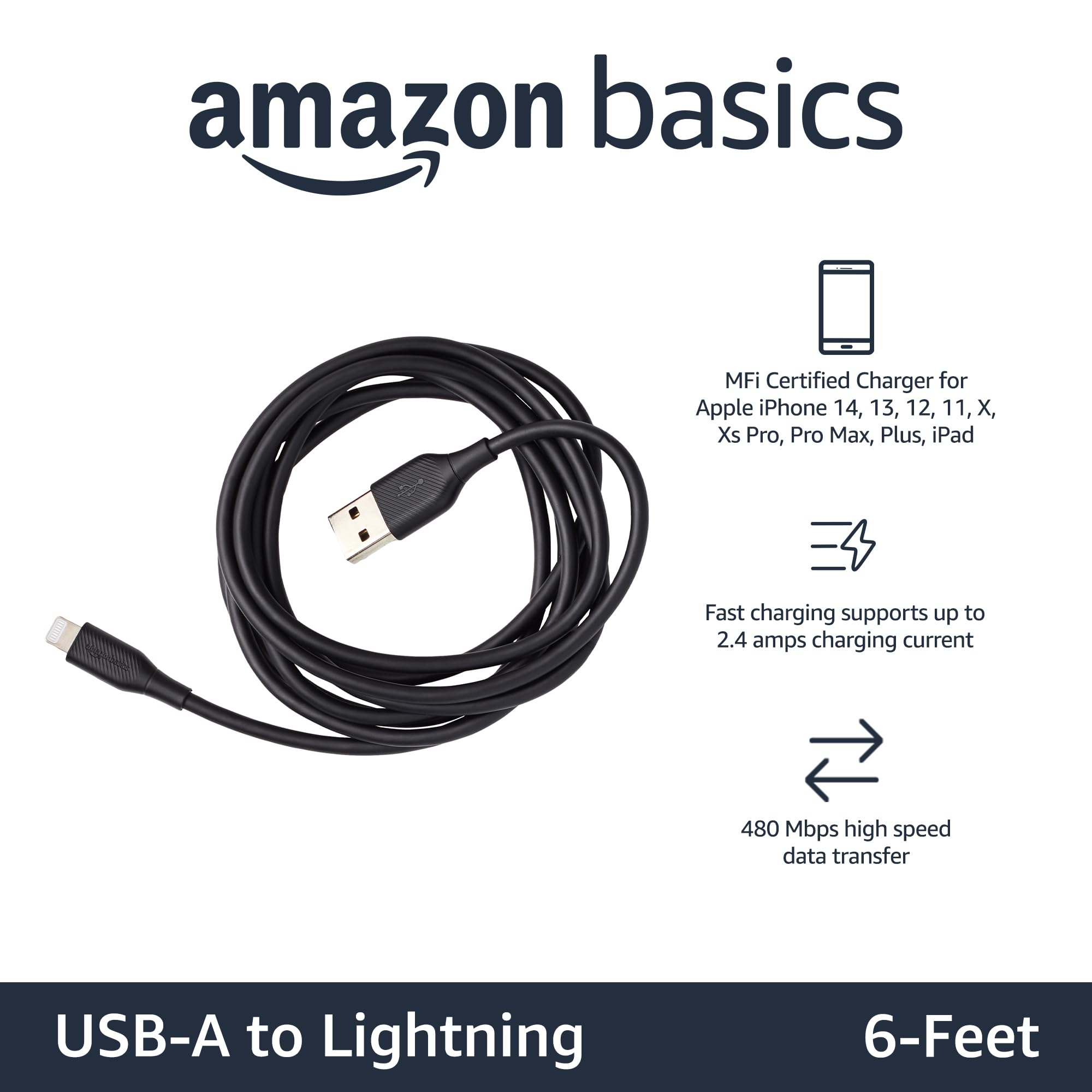 Amazon Basics MFi Certified Lightning to USB A Cable - 6ft iPhone Charger (2 Pack, Black) for iPhone Charging, Data Sync & Car Use