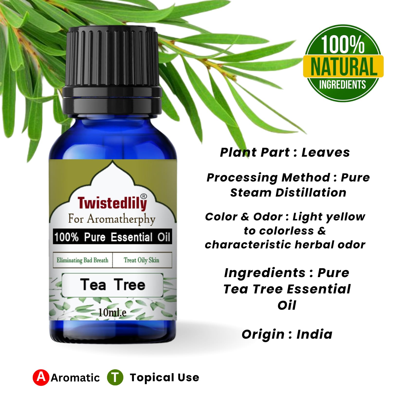100% Pure Tea Tree Essential Oil 10ml - Natural Undiluted for Hair Care, Aromatherapy & Diffusers | Skin Soothing & Home Fragrance | Pack of 1