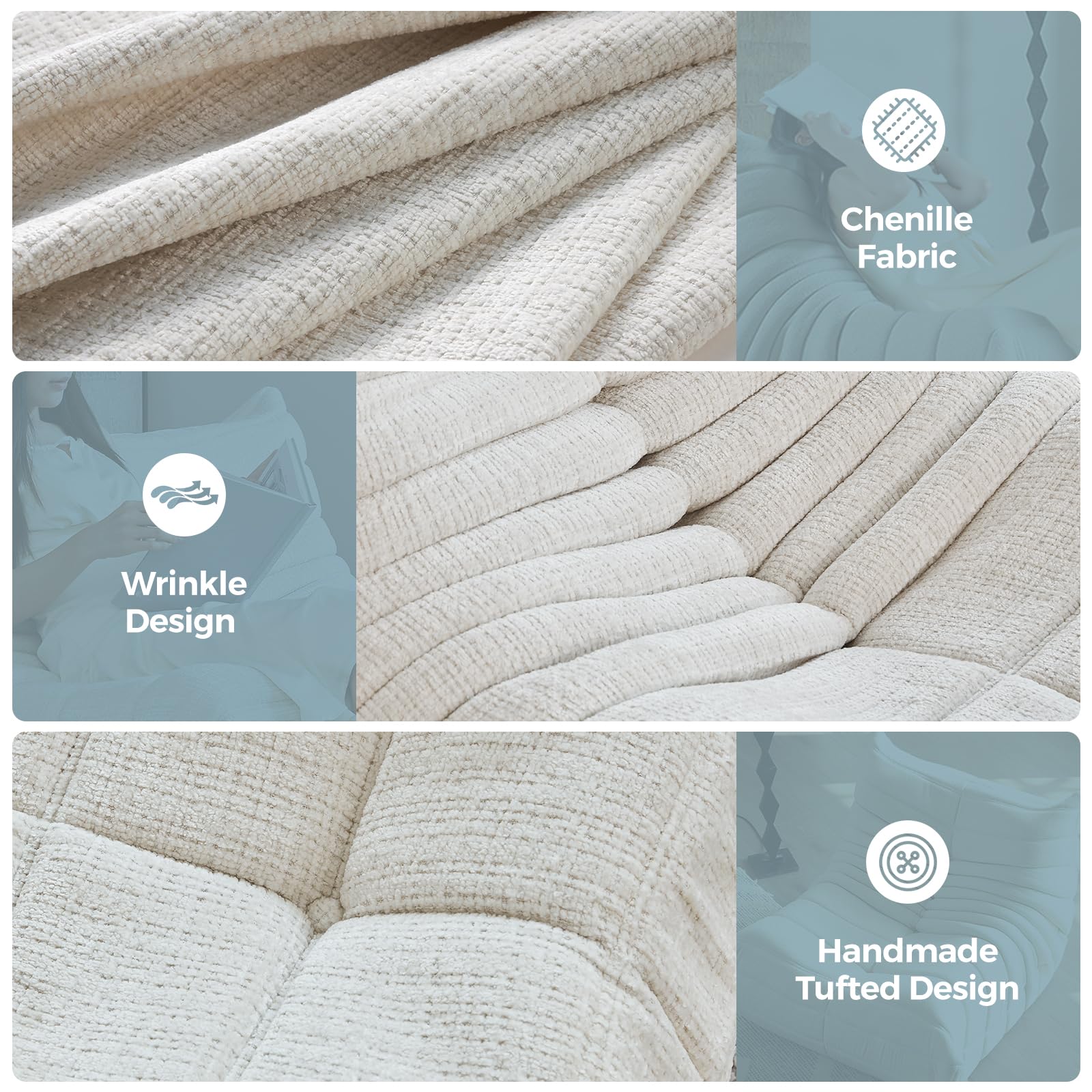 Comfy Fireside Bean Bag Chair for Adults - Modern Chenille Fabric Togo Floor Sofa with High-Density Foam, Single Caterpillar Design - Perfect for Living Room, Bedroom, Salon & Cozy Corners (White)