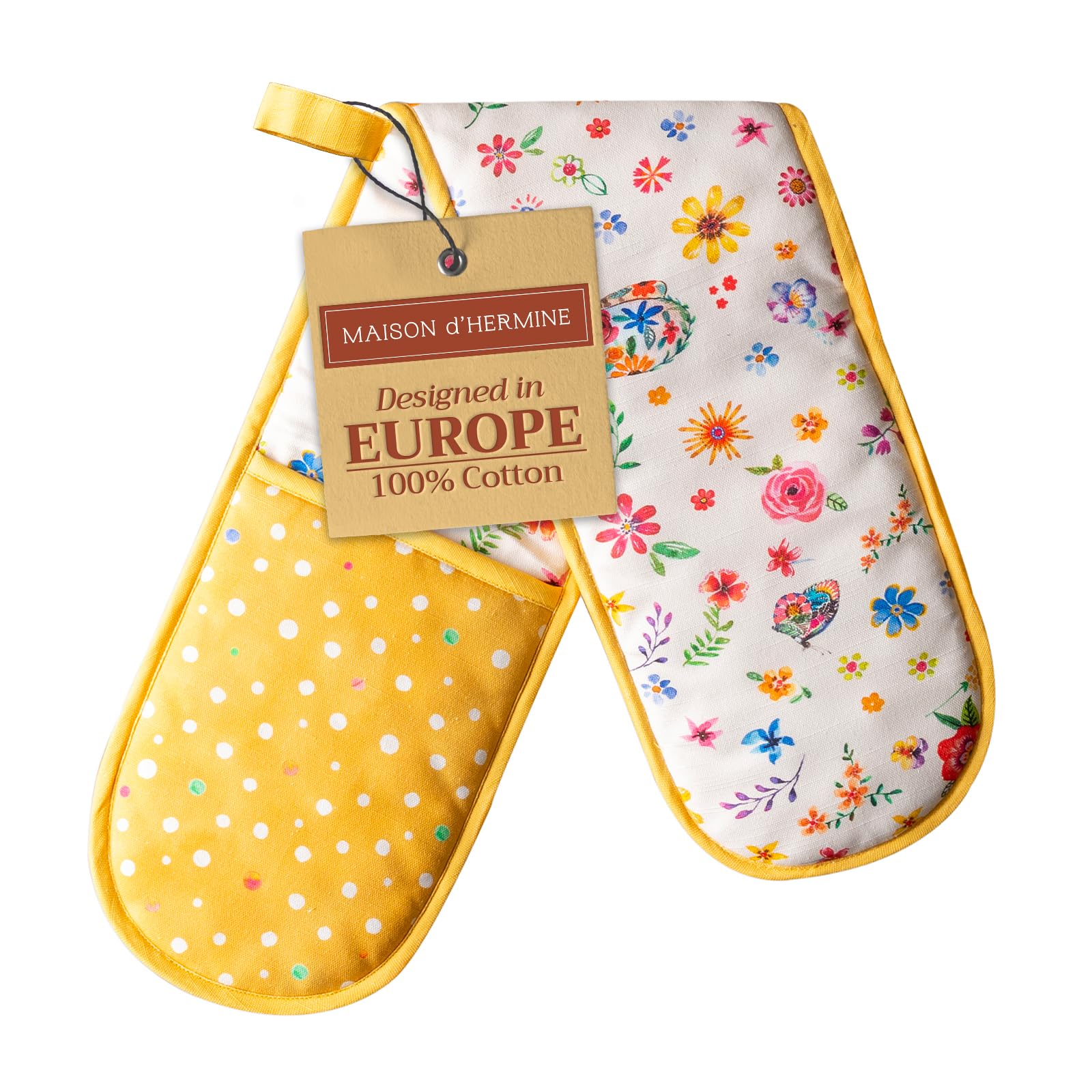 Maison d'Hermine Happy Florals 100% Cotton Double Oven Mitt with Loop - Heat Resistant BBQ, Baking, Grilling & Microwave Oven Gloves (7.5x35 Inch) - Perfect for Spring/Summer Cooking, Baking & Outdoor Barbecues