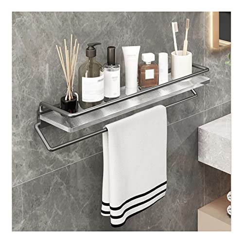 19.6 Inch Floating Bathroom Shelf with Towel Bar - Aluminum & Tempered Glass Wall Mounted Storage Organizer for Hand Towels, Toiletries & Decor - Space Saving Rectangular Shelf for Small Bathrooms (Gray)
