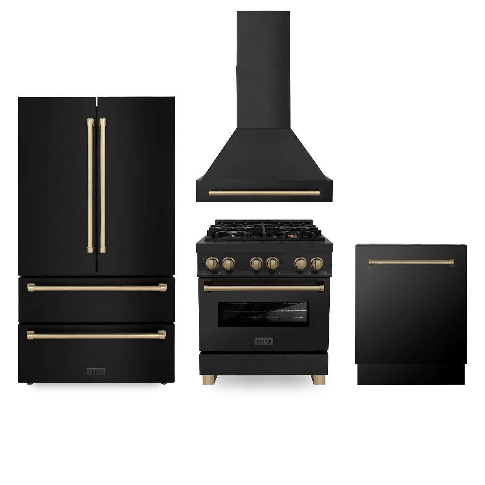 ZLINE Autograph Edition 30-inch Black Stainless Steel Kitchen Package - Dual Fuel Range, Range Hood, Dishwasher & Refrigerator with External Water Dispenser & Champagne Bronze Accents (4AKPR RABRHDWV30 CB) | Premium Kitchen Appliances for Modern Homes & Gourmet Cooking