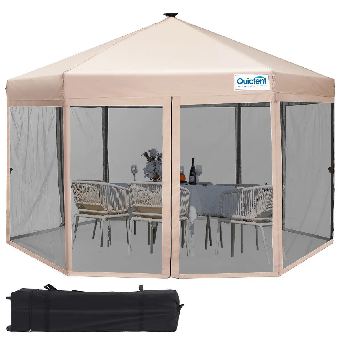 13' x 13' Hexagonal Pop Up Canopy Tent with Mesh Netting & LED Lights for Outdoor Parties, Camping, and Beach Events