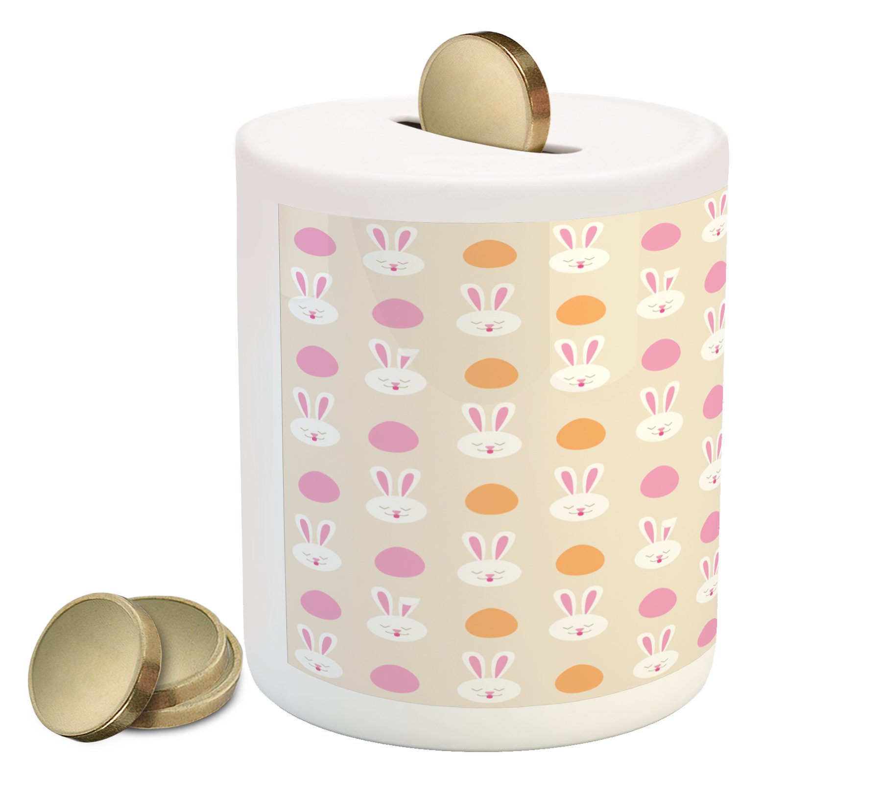 Ambesonne Easter Piggy Bank - Cartoon Style Ceramic Coin Bank with Bunny Faces & Egg Silhouettes for Kids | Money Saving Box in Pale Pink, Orange & Beige | Perfect for Easter Gifts, Kids' Savings & Home Decor