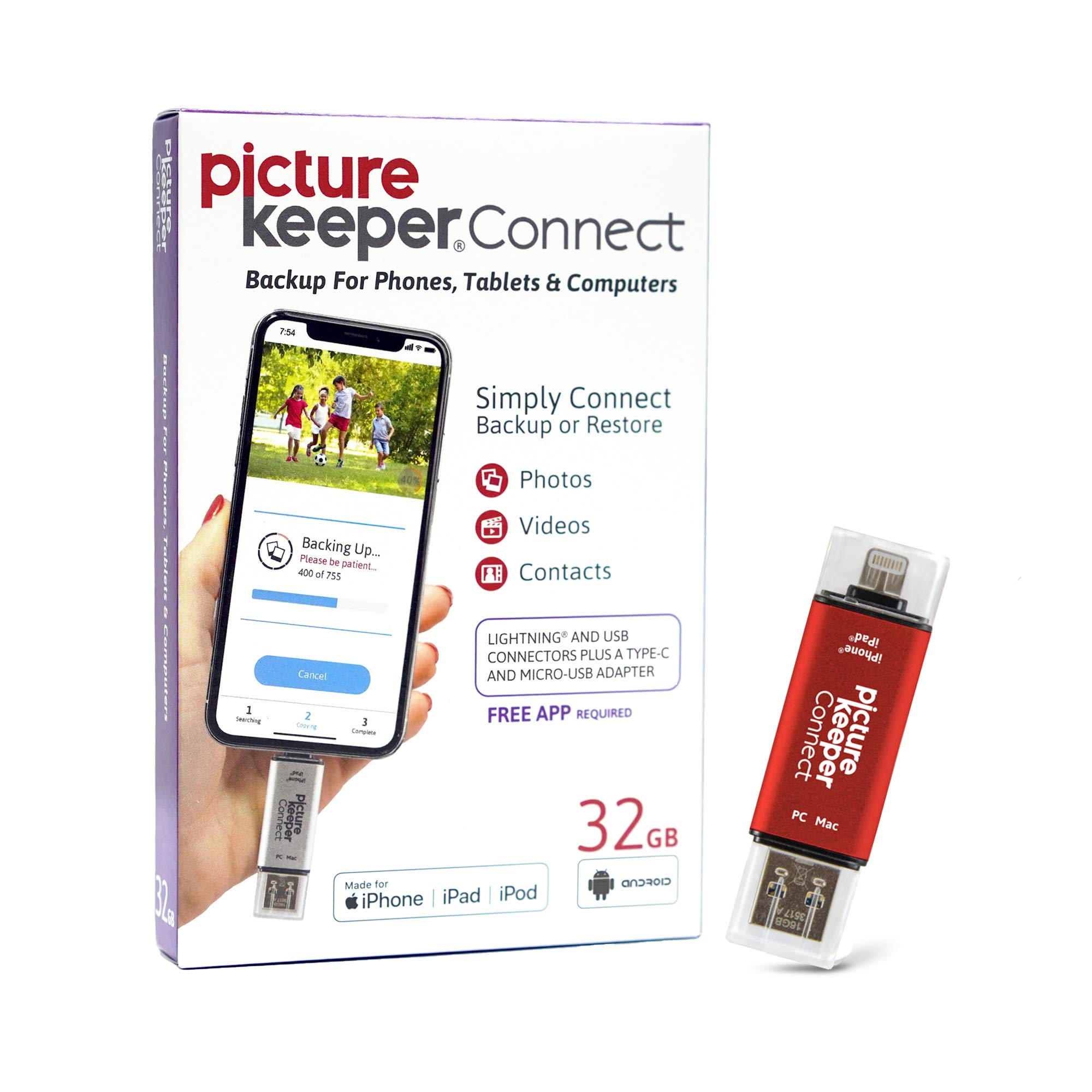Picture Keeper Connect 32GB USB Flash Drive - Backup Photos & Videos for iPhone, Android, PC - Portable Memory Stick for Travel, Work, School (Red)