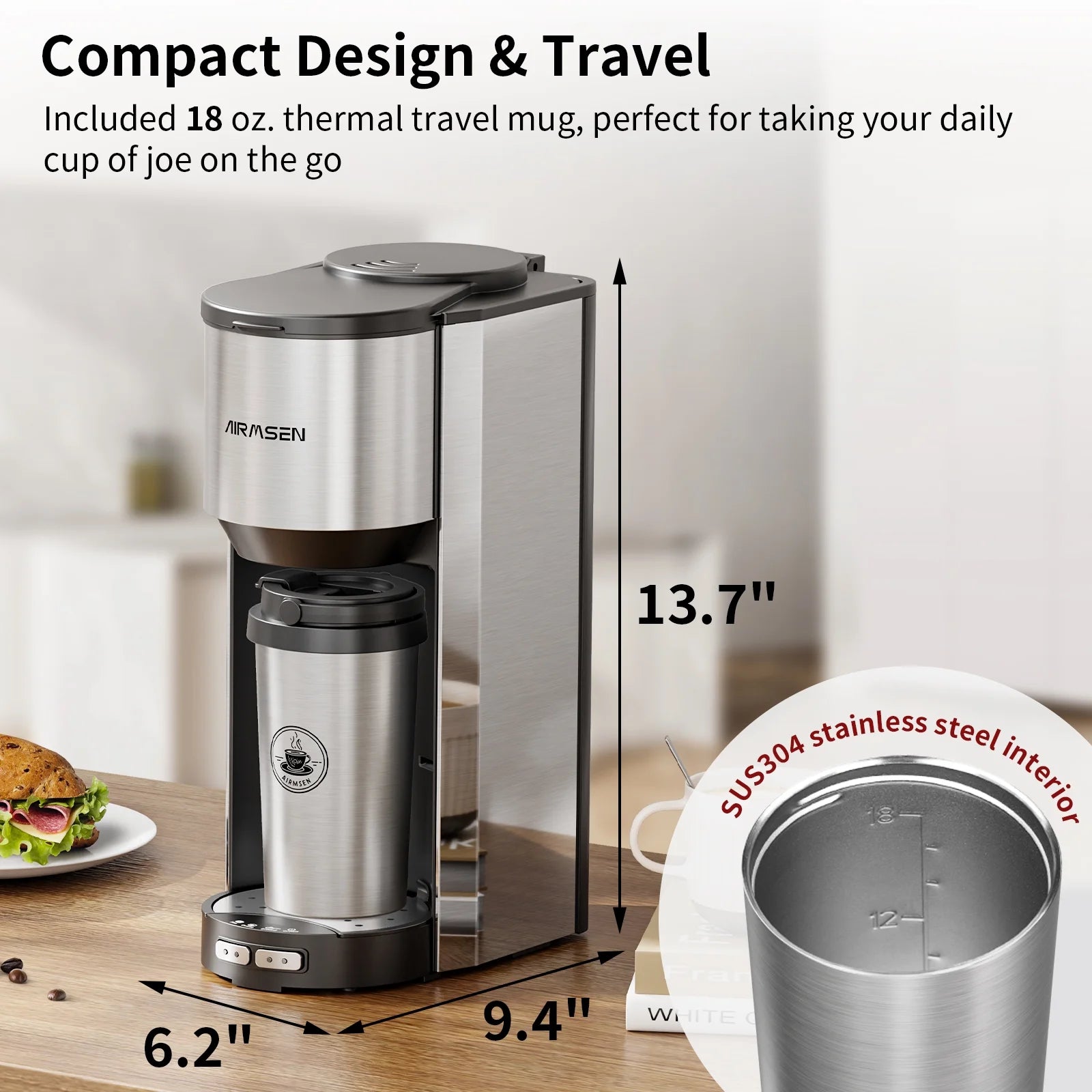 Premium Single Serve Coffee Maker with Built-in Grinder - Compatible with Whole Beans & Ground Coffee - Includes Travel Mug for Home, Office & On-the-Go Use