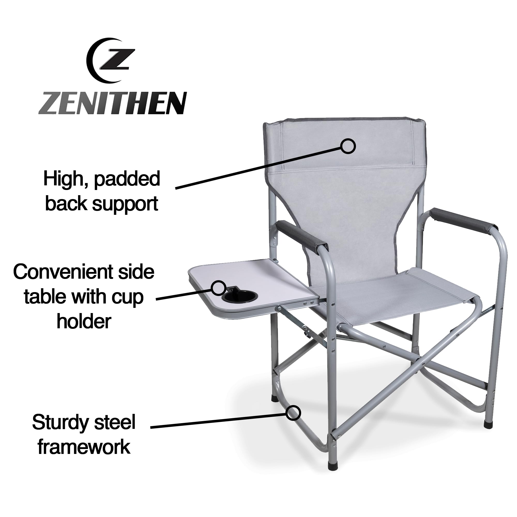 Zenithen Portable Outdoor Director's Folding Chair with Side Table - Lightweight Camping Chair for Sporting Events, Beach, Picnics & Backyard Relaxation - Light Grey