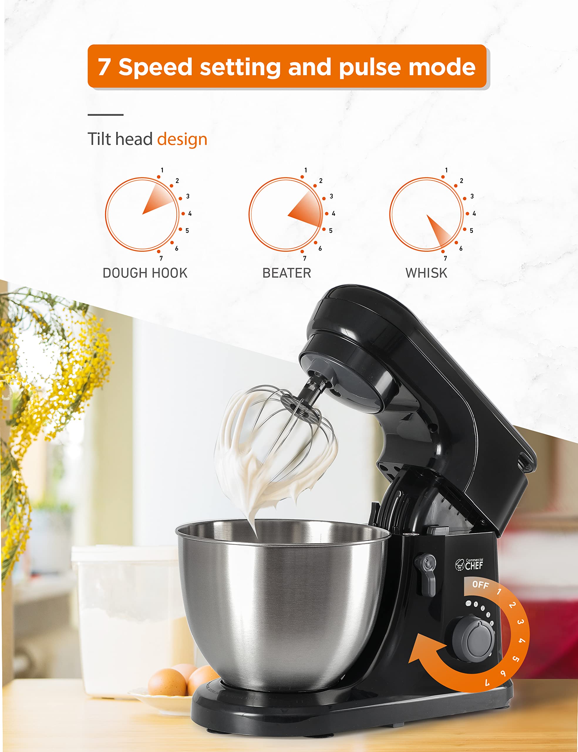 Commercial Chef 4.7QT Electric Stand Mixer - 7-Speed Heavy Duty Kitchen Mixer for Baking, Dough Kneading & Cooking - Perfect for Home Bakers & Professional Chefs