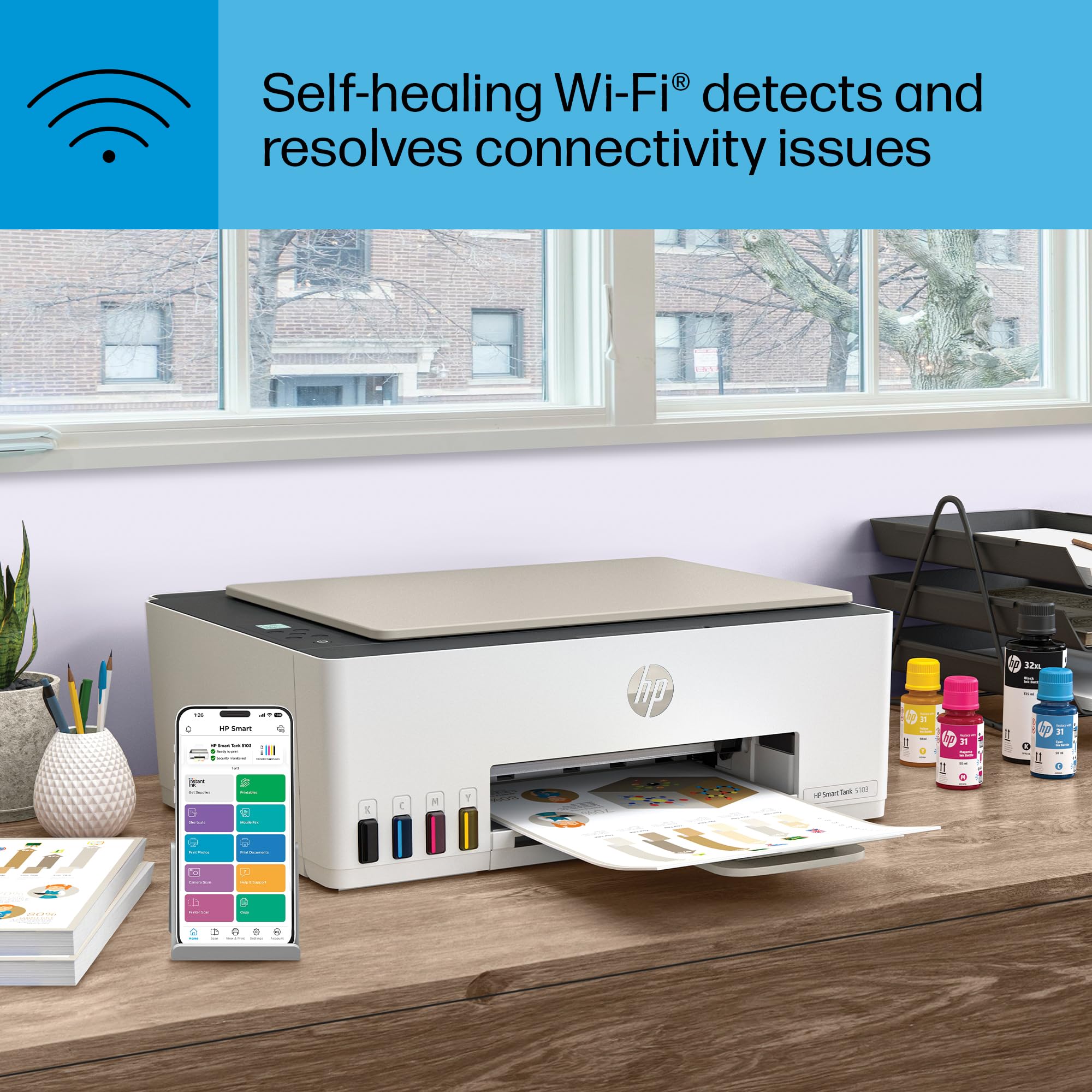 HP Smart Tank 5103 Wireless All-in-One Ink Tank Printer with 2 Years of Ink Supply & 100 Photo Papers - Print, Scan, Copy for Home Office | Refillable Ink System (5D1B2A) | Perfect for Remote Work, School Projects & Family Photo Printing