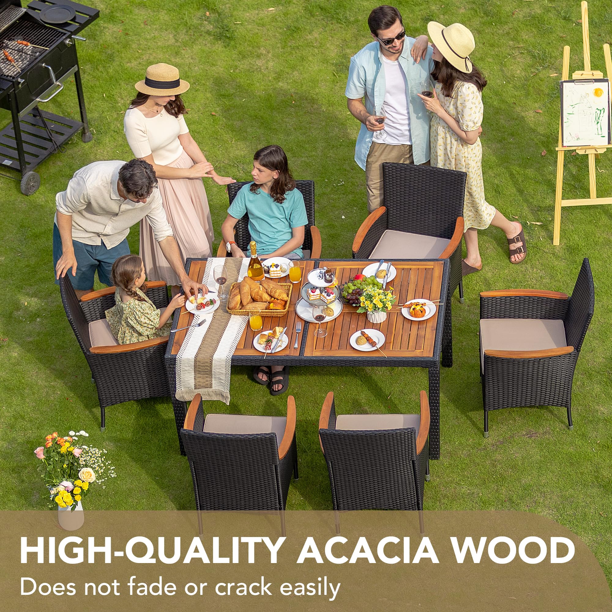 Devoko 7-Piece Outdoor Dining Set - Acacia Wood Table & Rattan Chairs, Black Patio Furniture for Garden, Backyard, Poolside & BBQ Parties