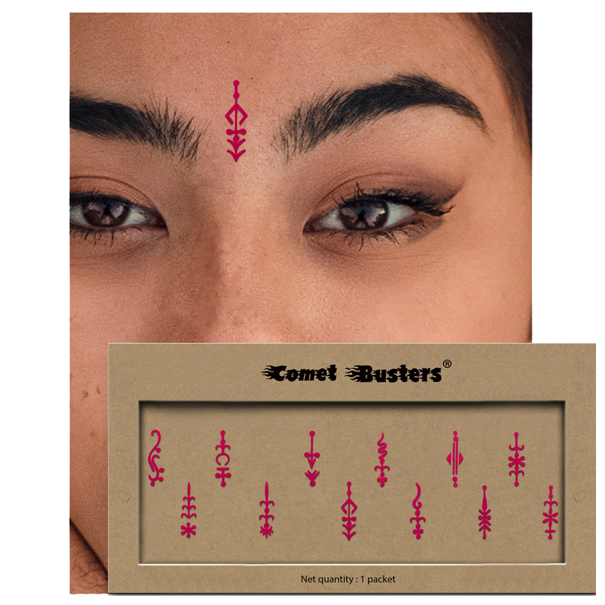 Comet Busters Fancy Pink Long Bindi (BV712) - Indian Forehead Jewelry for Women, Traditional Decoration for Weddings & Festivals