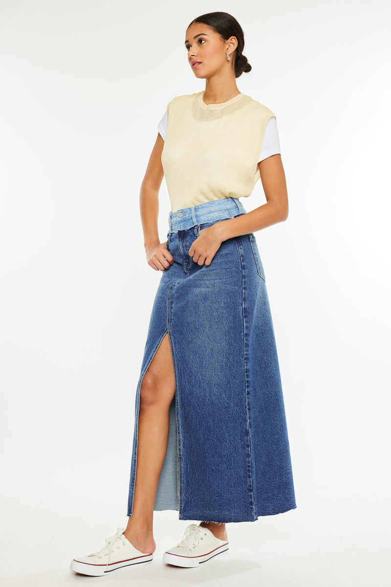 Kiki Two Tone Maxi Denim Skirt for Women - High Waisted Vintage Denim Skirt with Side Slits, A-Line Long Denim Skirt for Casual Outfits & Summer Fashion