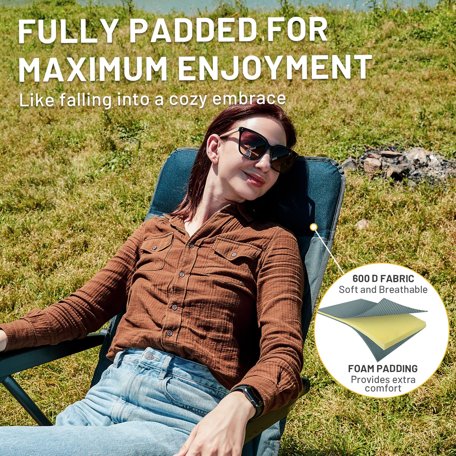 TIMBER RIDGE Adjustable Rocking Camping Chair - Padded High Back Outdoor Rocker with Side Pocket, Portable Folding Chair for Adults (300 LBS Capacity) - Perfect for Lawn, Patio, Porch, Beach & Backyard Relaxation - Blue (1 Pack)