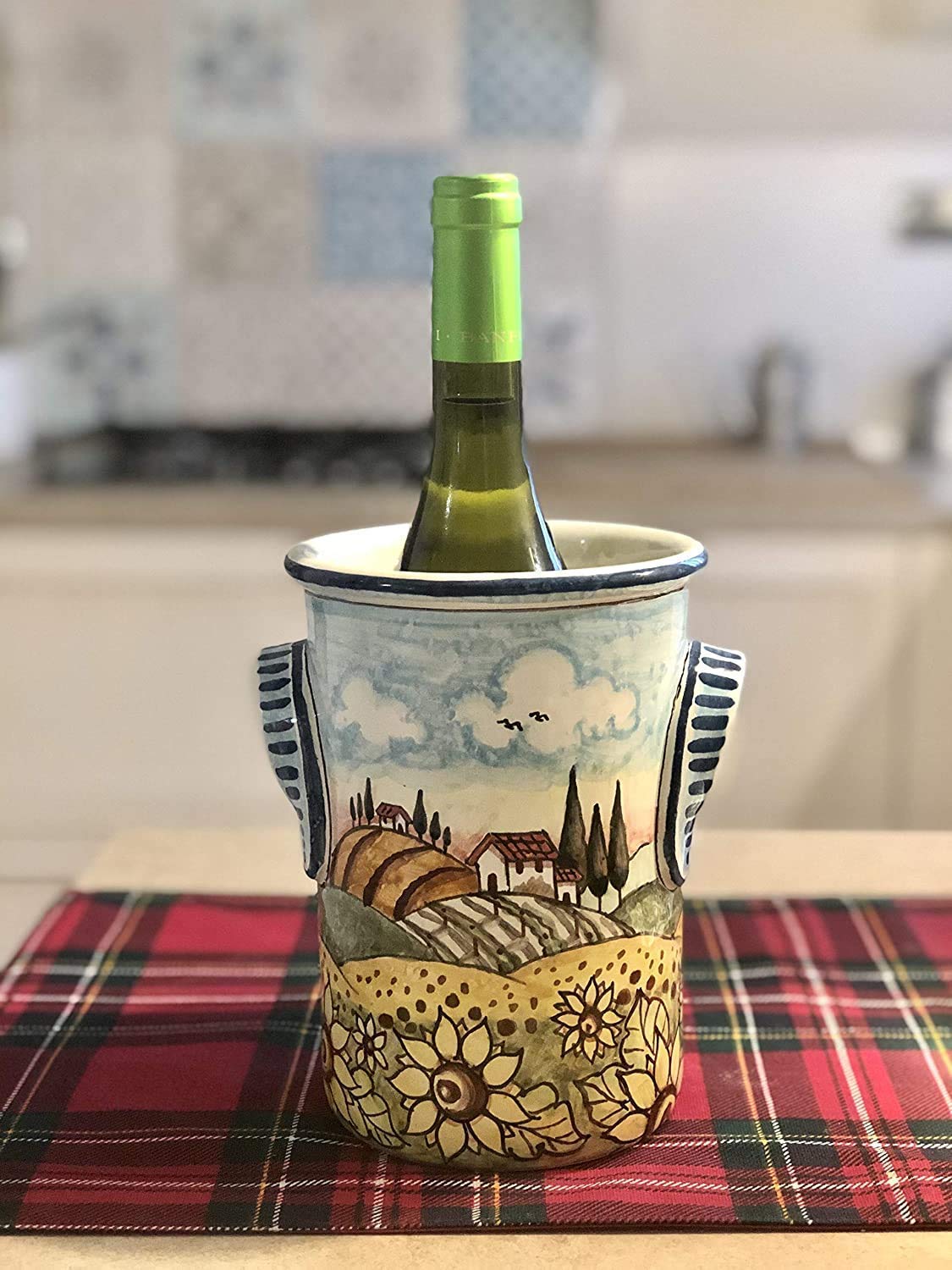 Hand-Painted Italian Ceramic Utensil Holder & Wine Bottle - Tuscan Sunflower Landscape Art Pottery, Made in Italy | Perfect for Kitchen Decor, Wine Storage & Tuscan-Themed Home Décor