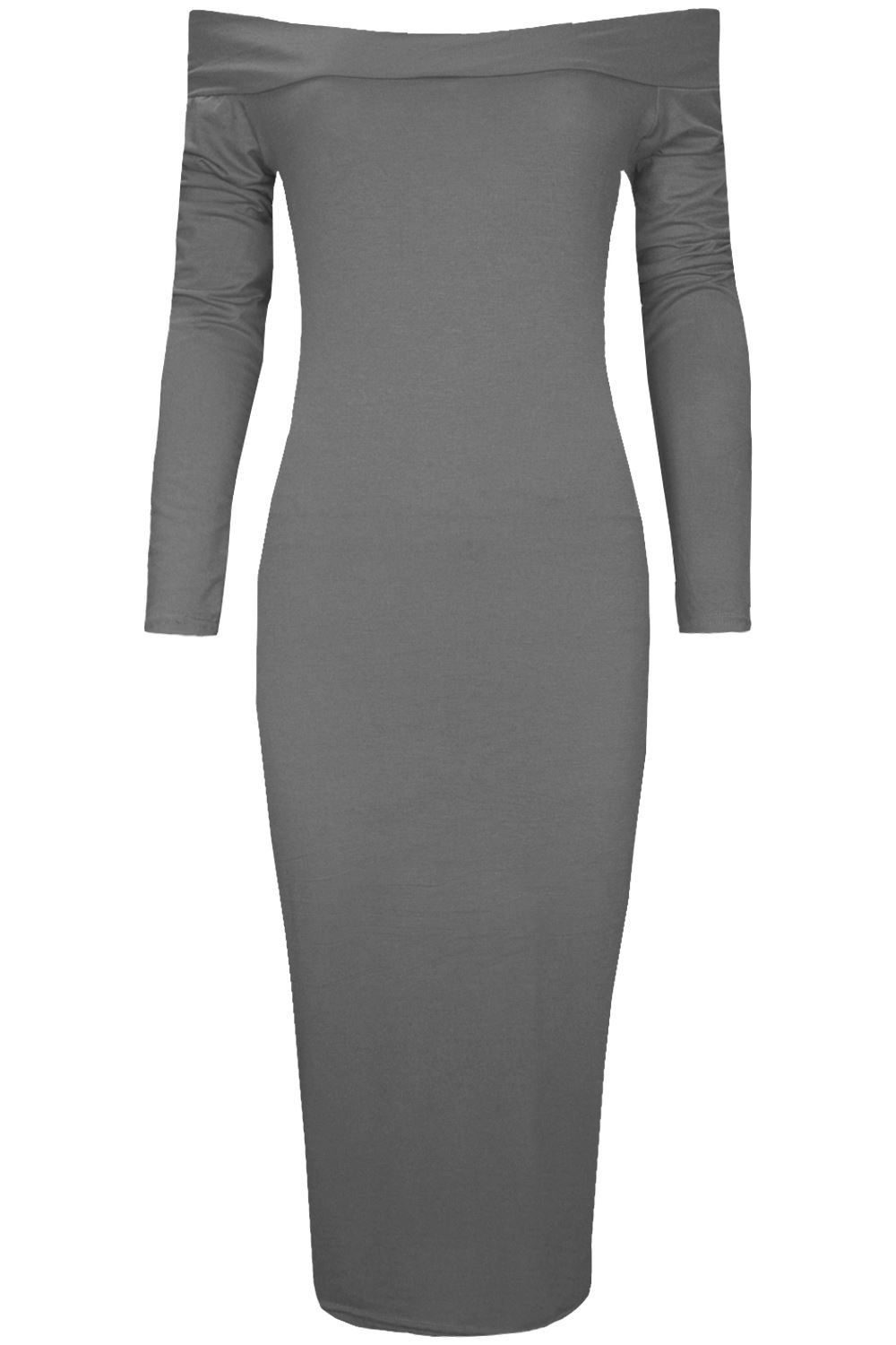 Oops Outlet Women's Stretchy Off-Shoulder Bardot Long Sleeve Midi Dress - Flattering Casual & Party Wear for Date Nights, Weddings & Special Occasions