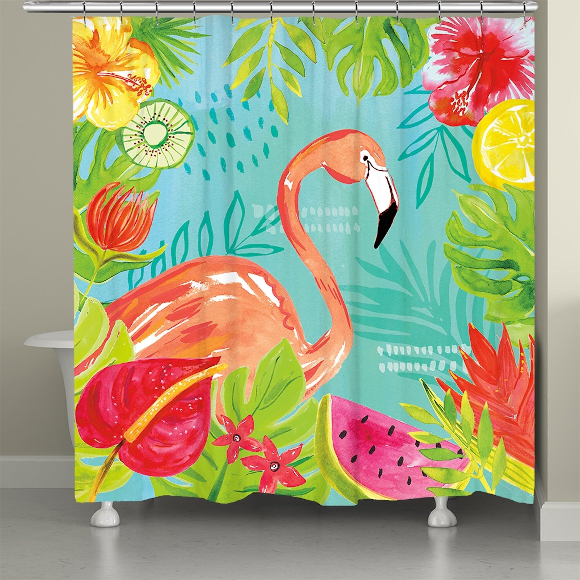 Laural Home Tutti Fruity Flamingo Shower Curtain - Waterproof Bathroom Decor with Tropical Flamingo Print - Perfect for Beach Themed Bathrooms & Kids' Bathroom Decor