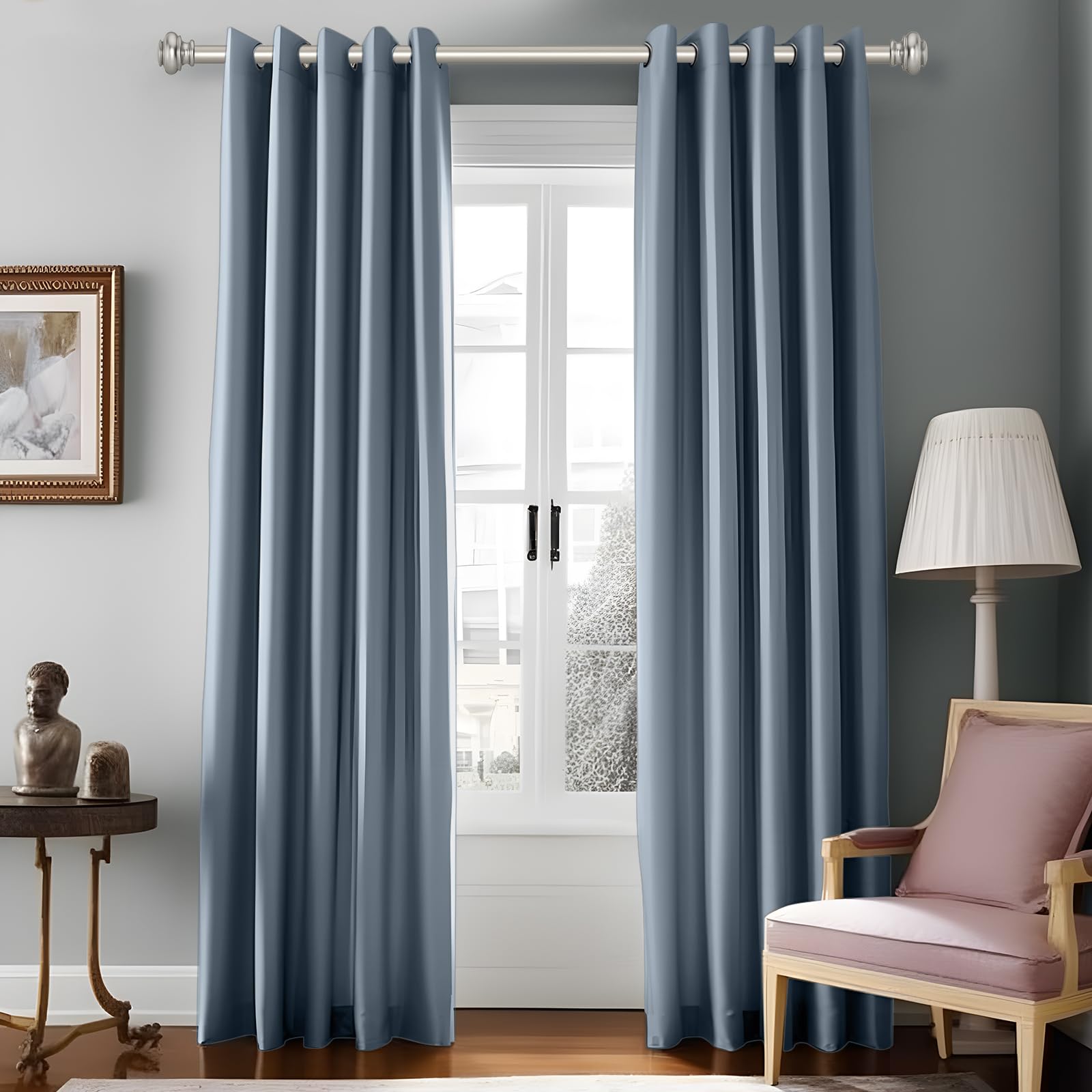 Heavy Duty Adjustable Curtain Rod 28-48 Inches - 1 Inch Silver Metal Window Rod for Bedroom, Living Room, Kitchen & Patio with Classic Finials | Durable Home Decor for Blackout & Sheer Curtains