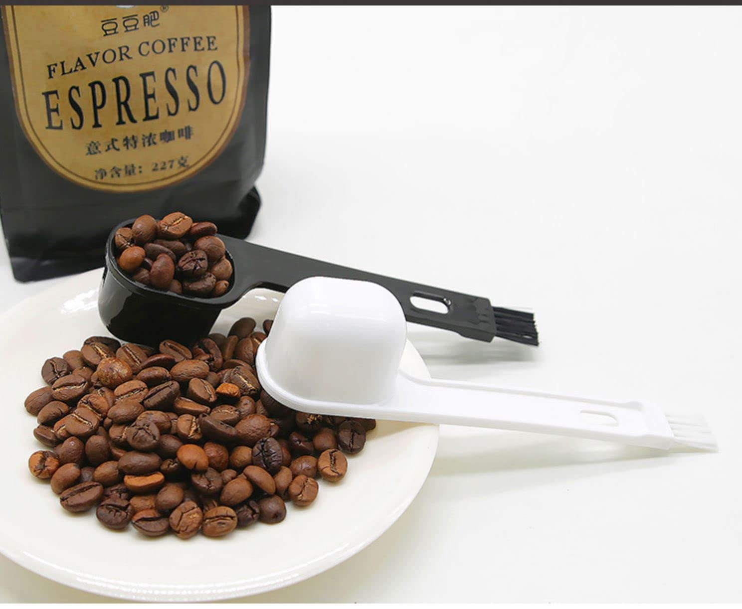 Premium 2 Tbsp Plastic Coffee Scoops with Cleaning Brush - 4 Pack Barista Tools for Ground Coffee, Espresso & Tea - Ideal for Home, Kitchen & Café Use