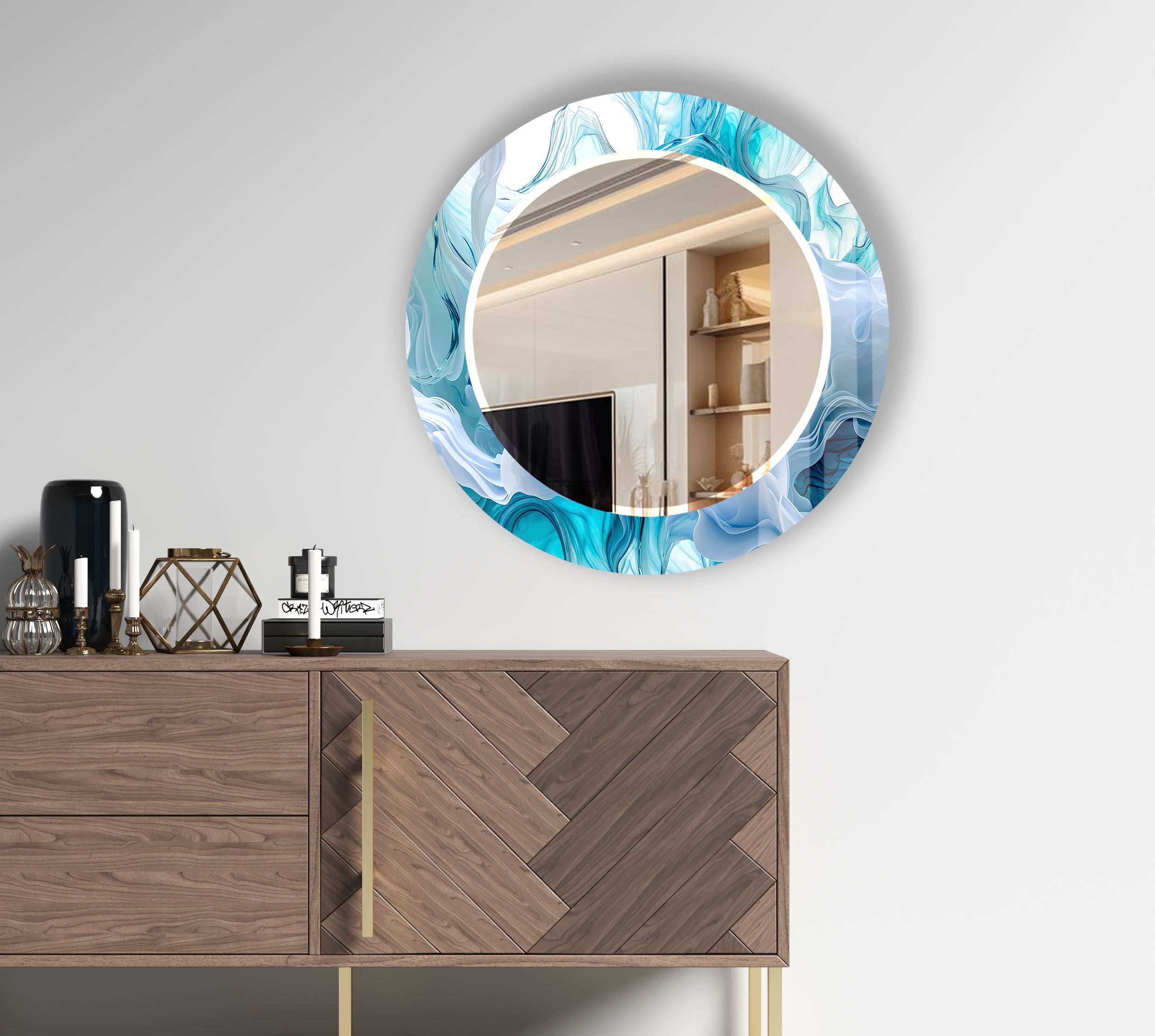 Aqua Blue Swirl Round Wall Mirror - Ocean Inspired Glass Frame for Coastal Home Decor | Bathroom, Bedroom & Living Room Wall Art | Nautical Themed Decor