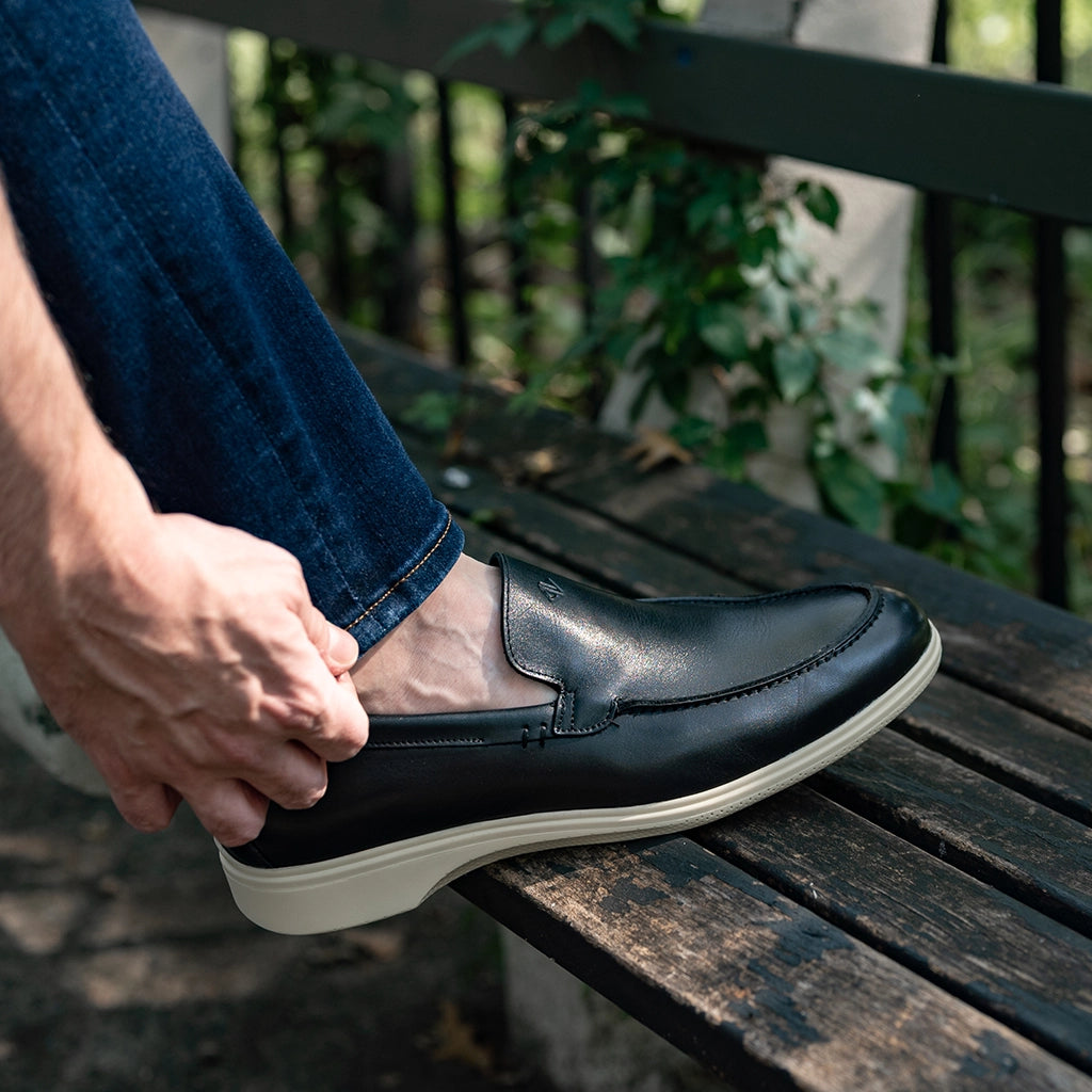 Premium Genuine Leather Loafers for Men - Obsidian & Cream Color - Comfortable Slip-On Shoes for Casual Wear, Office & Travel