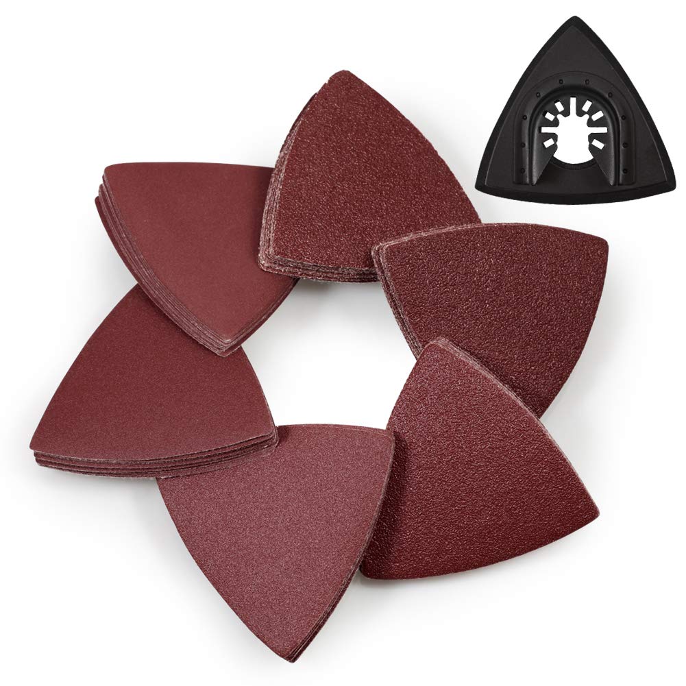 SPEEDWOX 61 Pcs 3-1/8 Inches 80mm Triangle Hook and Loop Sanding Discs with ABS Oscillating Sanding Pad - Assorted 40/60/80/120/180/240 Grits for Wood, Metal & Paint Sanding - Perfect for Detail Sanders, DIY Projects & Home Renovations