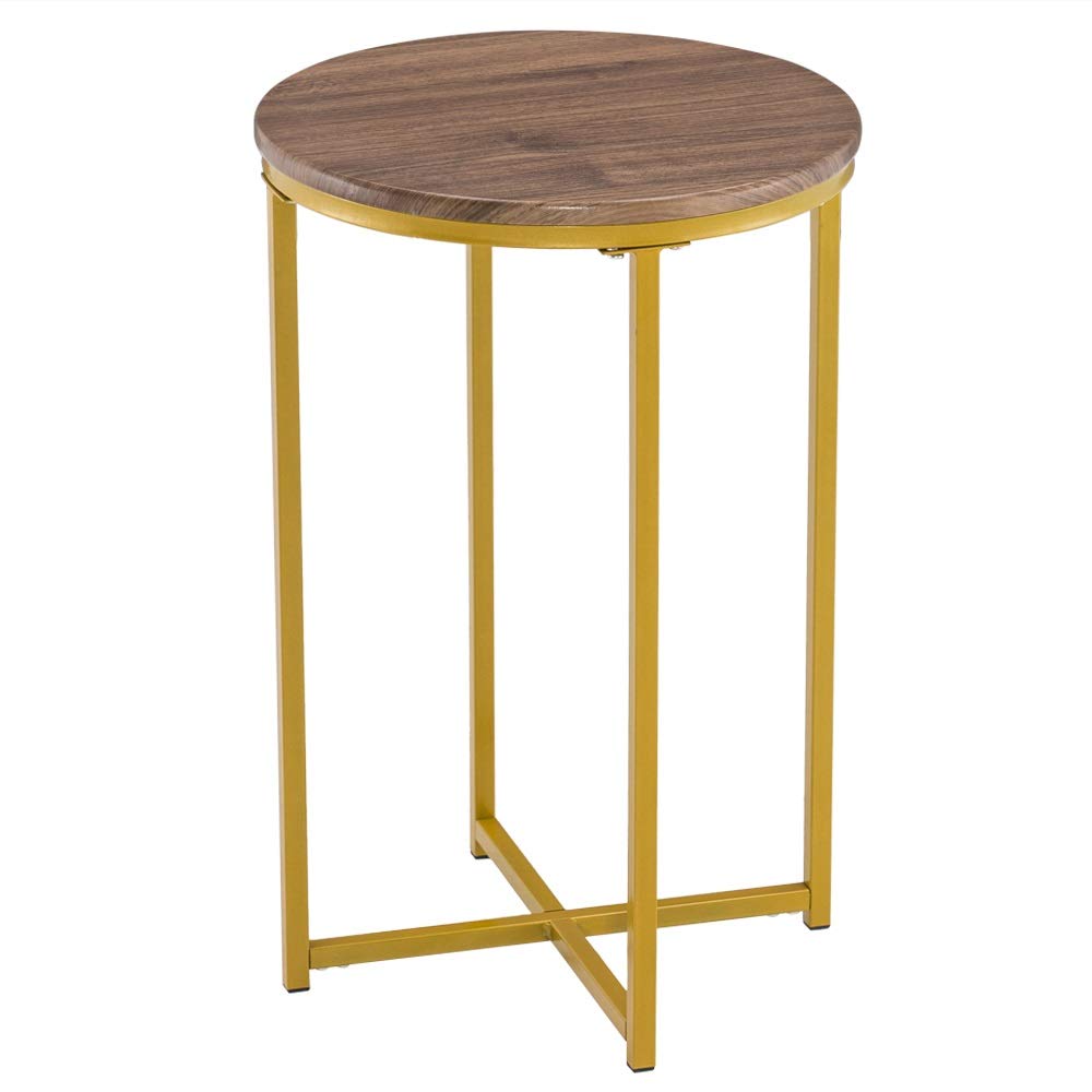 Round Coffee Table 40.5x40.5x61cm - Wood Grain Gold Cross Foot for Living Room