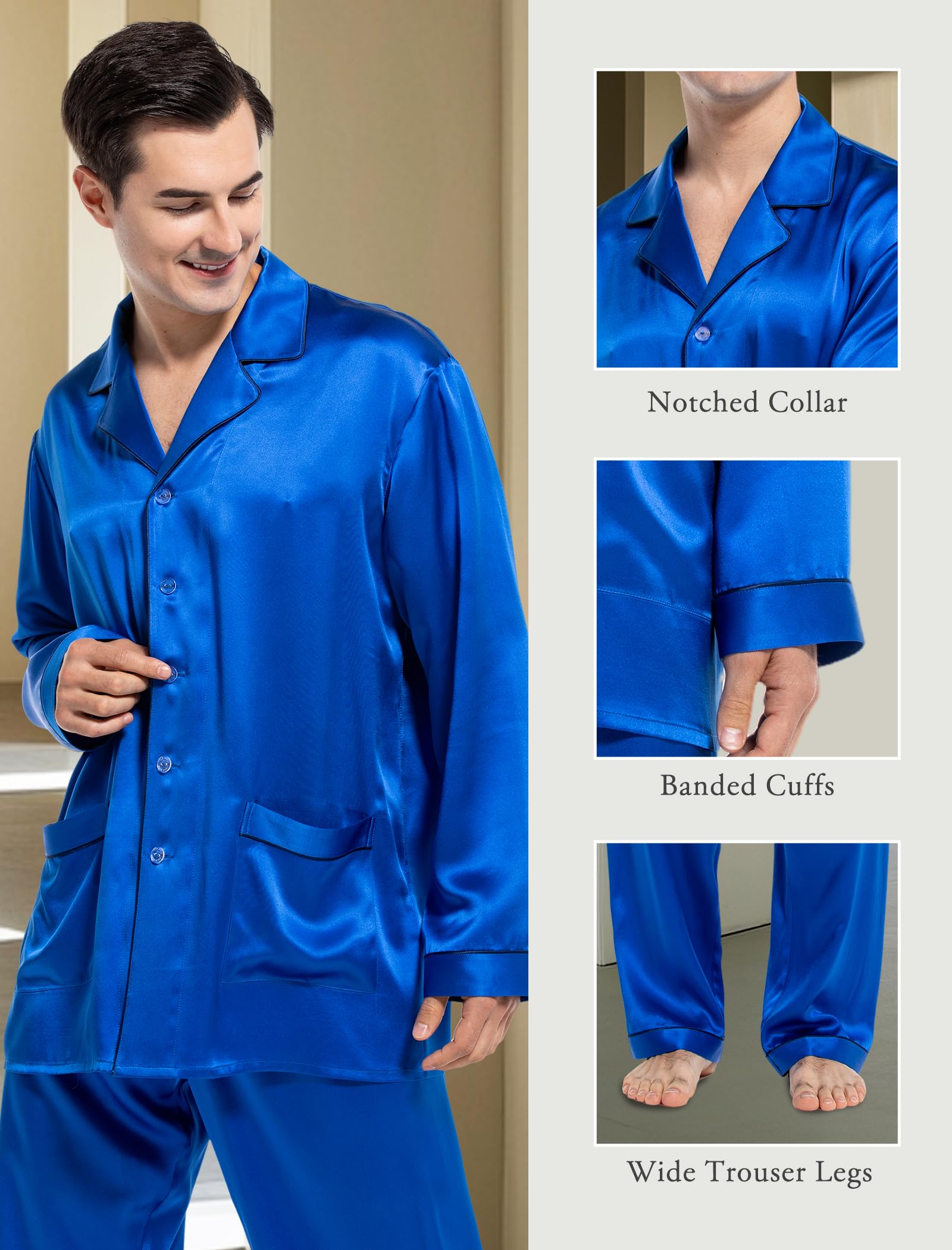 Luxury Men's Silk Pajamas Set - 2PC Long Sleeve Button Down Sleepwear for Men | Soft & Breathable Silk Pajama Set | Perfect for Relaxing at Home, Lounging & Gift Giving