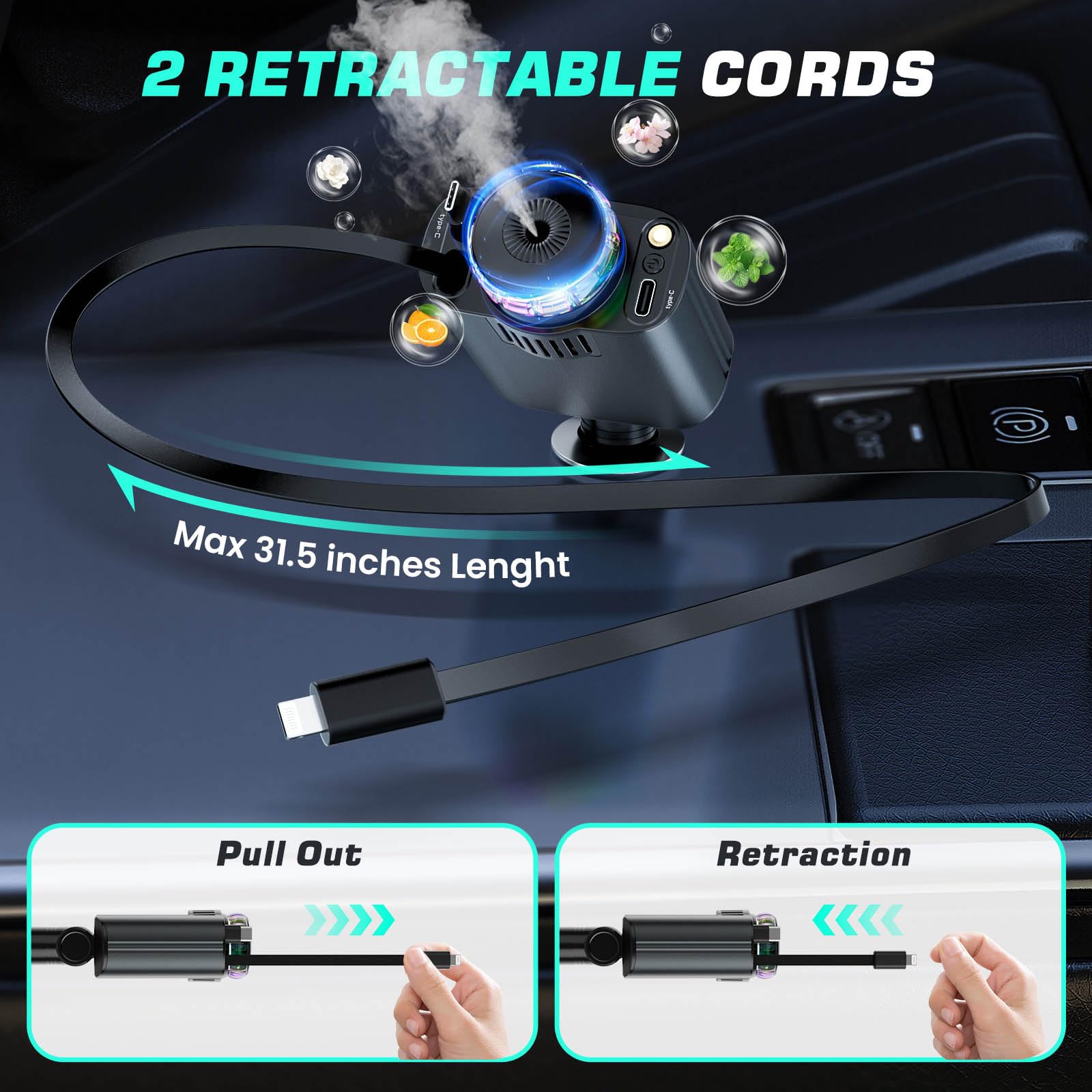 5-in-1 Retractable USB C Car Charger with Fast Charging - Compatible with iPhone 16/15/14/13/12/11 & Android Phones | Built-in Aromatherapy & Starlight Projection | Perfect for Road Trips, Commuting & Emergency Charging