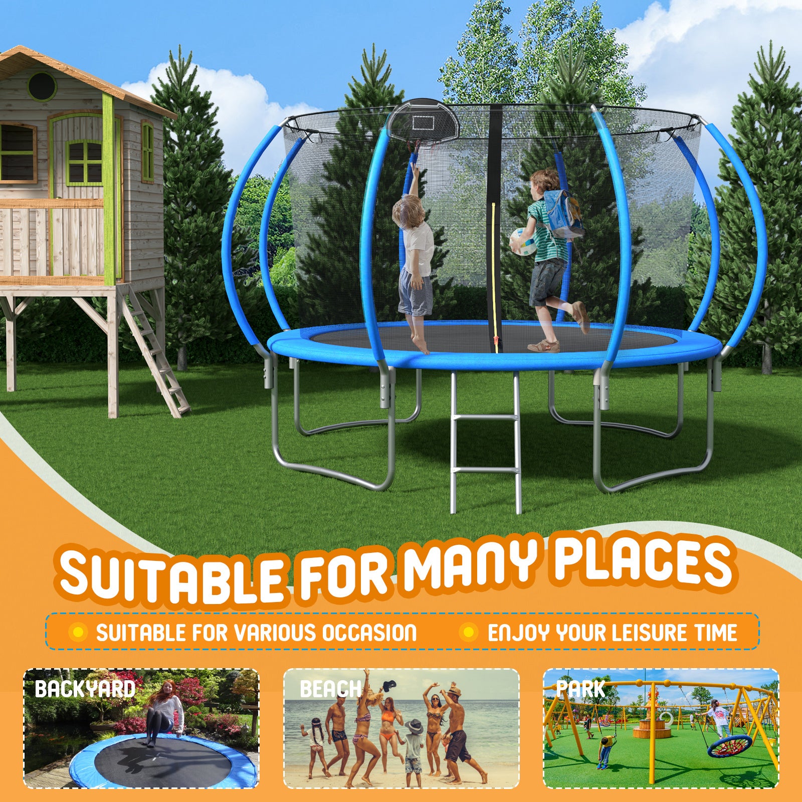 12 FT Trampoline with Safety Net & Basketball Hoop - Pumpkin Style Outdoor Bounce for Kids & Family Fun - Perfect for Backyard, Parks & Playgrounds