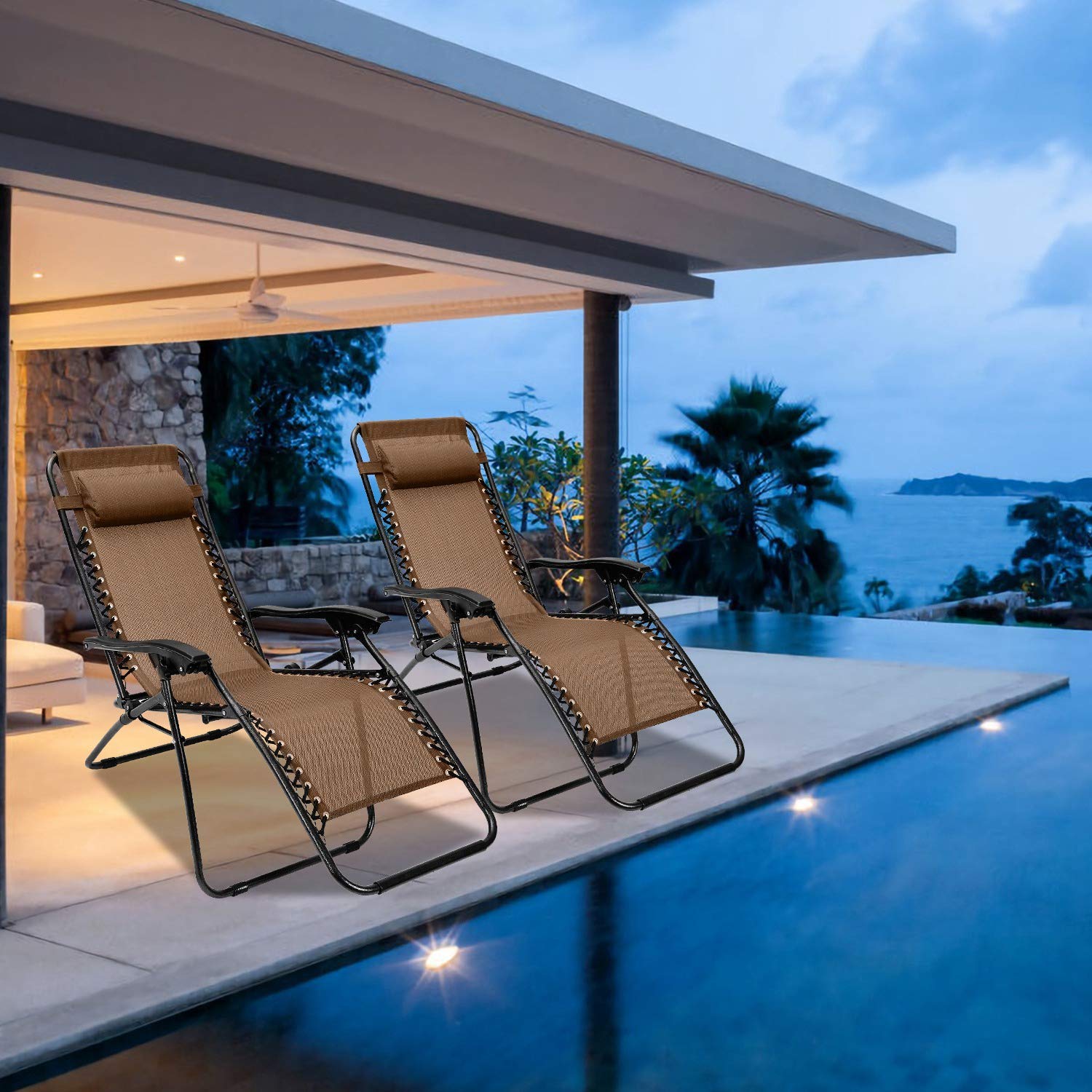 iMounTEK Set of 2 Adjustable Zero-Gravity Reclining Lounge Chairs with Pillows & Cup Holder - Heavy Duty 330lbs Capacity - Perfect for Outdoor Relaxation in Patio, Porch, Deck, Poolside, Beach, Lawn or Backyard - Black/Blue/Brown/Tan Options Available - Ideal for Sunbathing, Reading & Lounging in Comfort