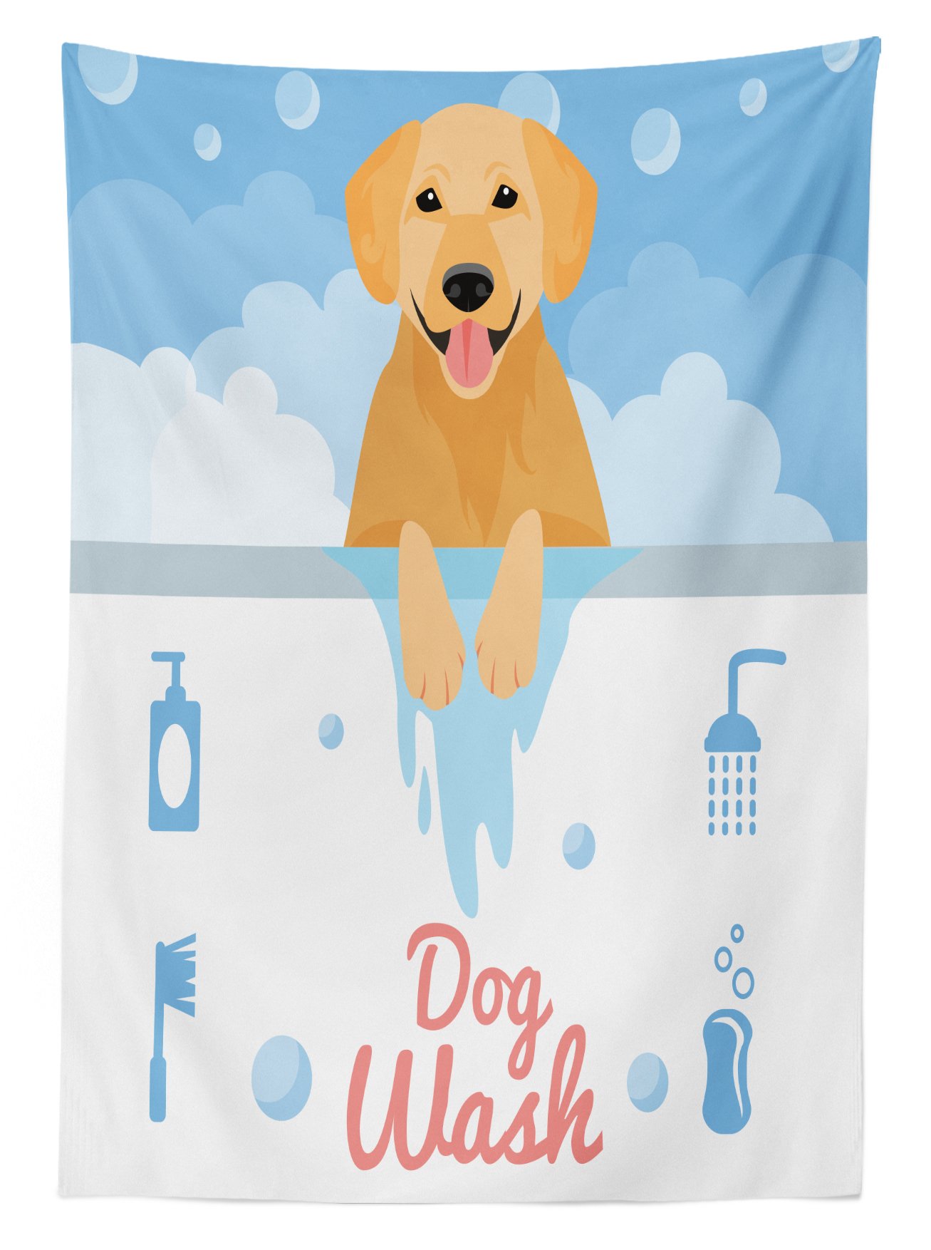 Ambesonne Golden Retriever Dog Bath Cartoon Tablecloth - Waterproof Washable Picnic Table Cover 58x120 Inches - Pale Blue & Coral Orange for Outdoor Dining, BBQ, Garden Parties, and Pet Lover Gatherings