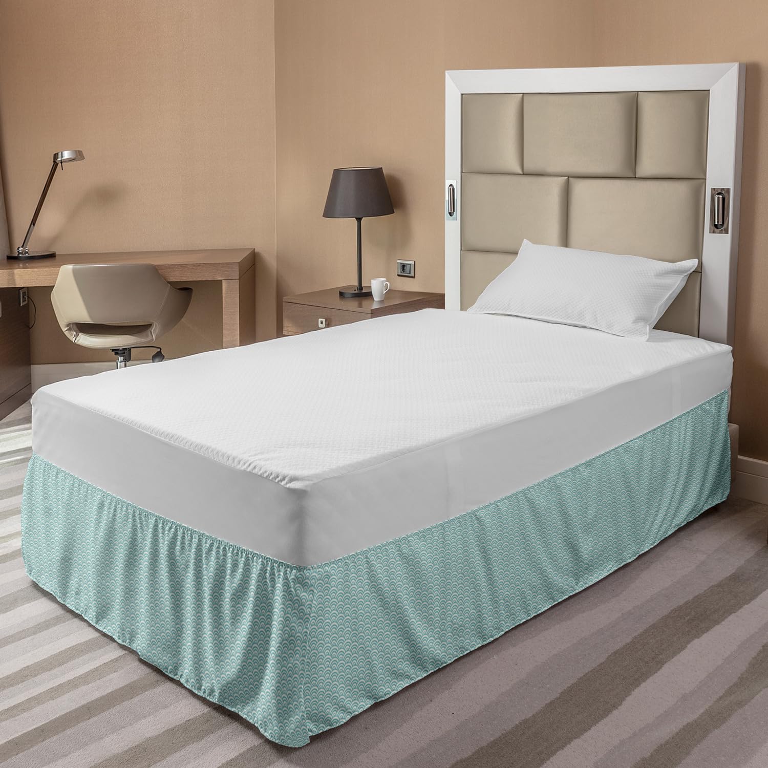 Ambesonne Aqua Bed Skirt with Curvy Lines & Bubble Design - Ocean Wave Pattern Elastic Dust Ruffle Wrap Around Bed Skirt for Full Size Beds - Sky Blue & White Coastal Bedding Decor for Beach House, Summer Home or Nautical Themed Bedroom