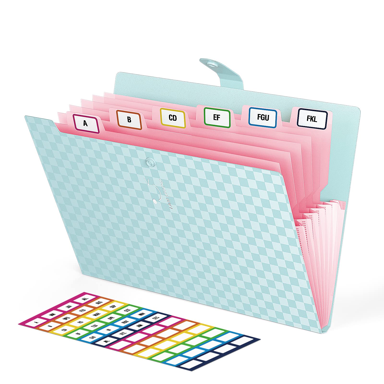 ABC Life Expanding File Folder Organizer - 7 Pockets Accordion Document Organizer with Upgraded Grid Pattern & 48 Labels, Plastic Cute Smile Design for Letter/A4 Size - Perfect for School, Home, Office & Travel Organization (Blue)