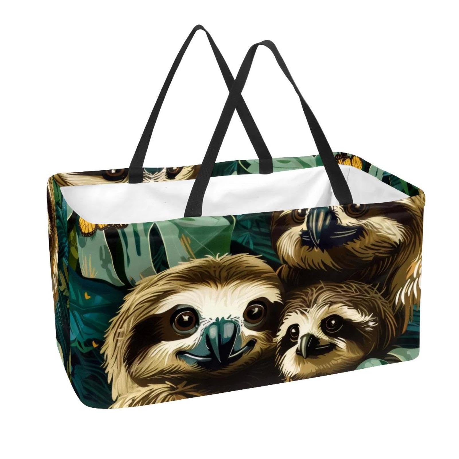 Eco-Friendly Reusable Grocery Tote Bag with Sloth & Butterfly Print - Foldable, Washable Large Shopping Bag for Groceries, Beach, Picnics & Farmers Market