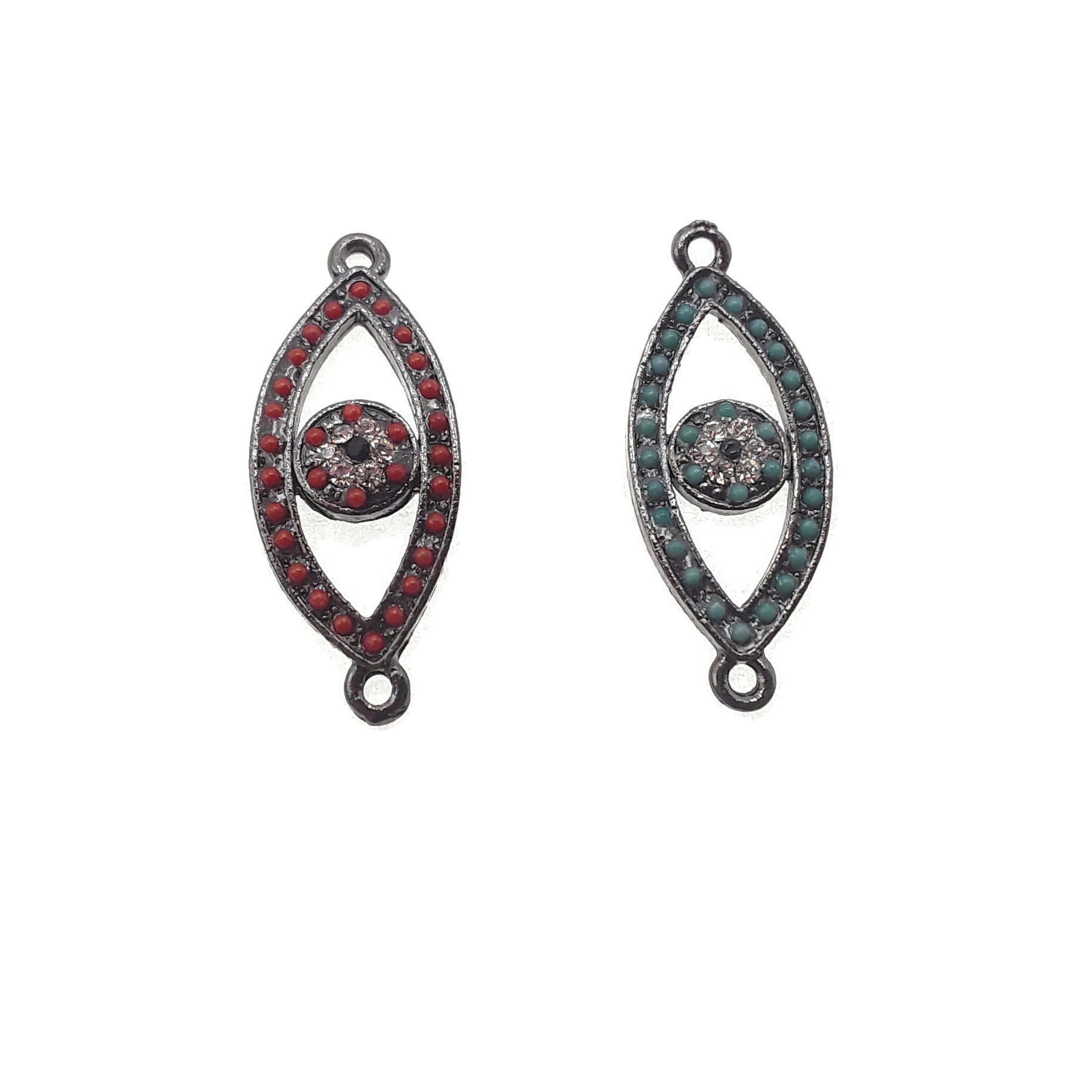 Evil Eye Charm Black Plated Copper Pendant with Micro Pave Red & Green Zircon Stones (15x30mm) - Protection Jewelry for Women, Men, Gift for Travel & Good Luck