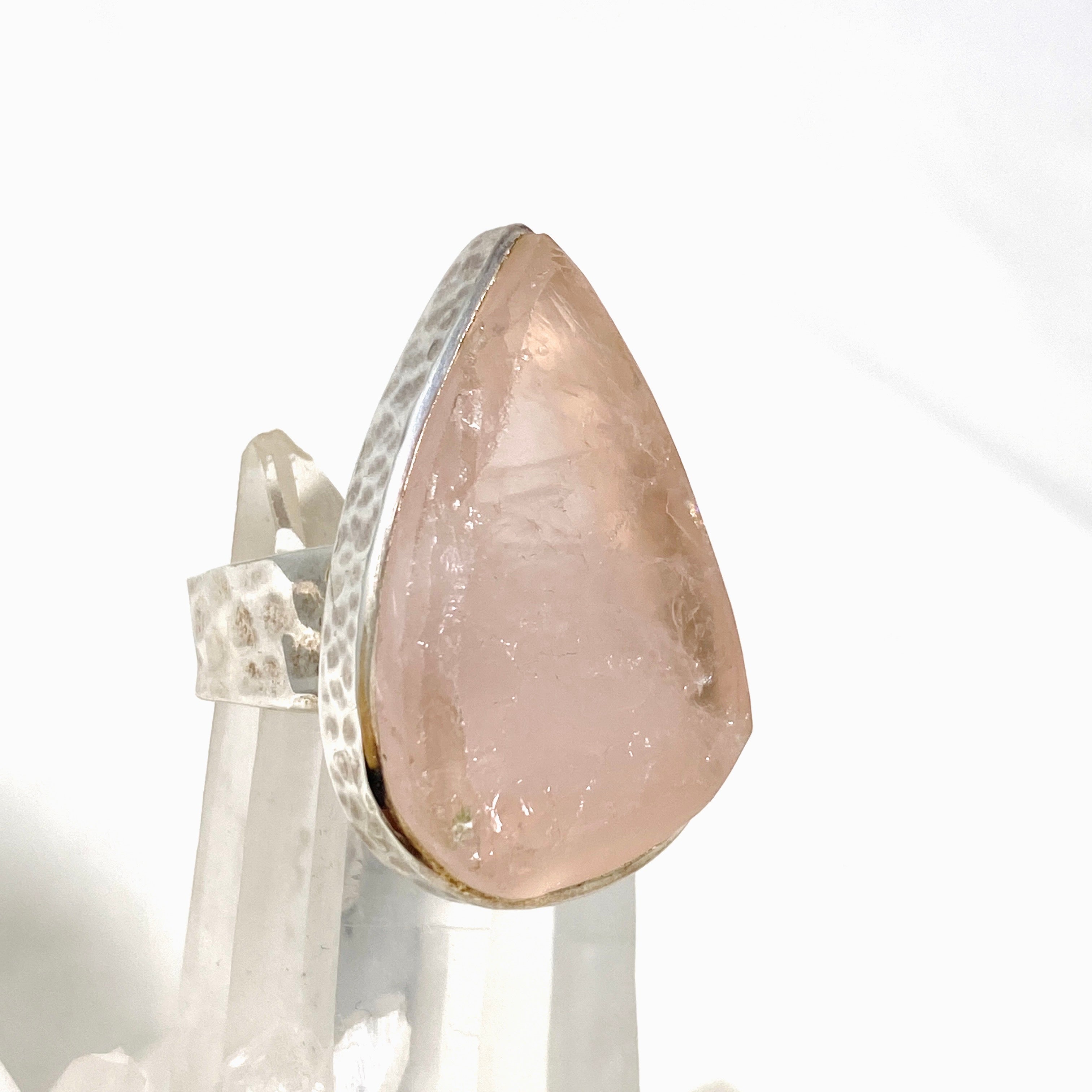 Rose Quartz Raw Teardrop Ring with Hammered Band - Size 9 (KRGJ1301) | Handmade Boho Jewelry for Women, Healing Crystal Gift for Meditation & Spiritual Wellness