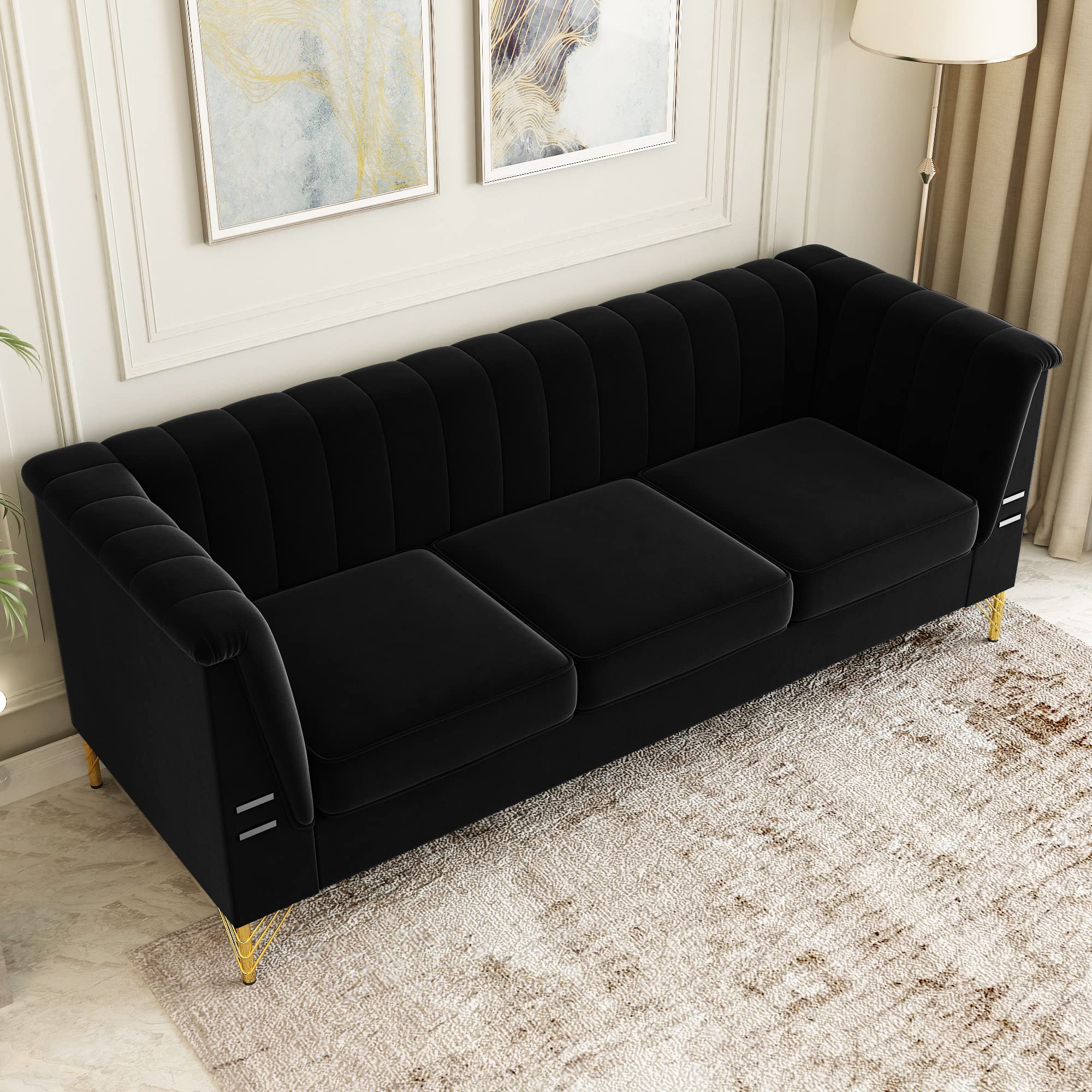 2PCS Black Velvet 3-Seater Chesterfield Sofa Set - Mid Century Modern Living Room Couch with Armrests for Apartment, Lounge & Office (Perfect for Home Theater & Cozy Reading Nook)
