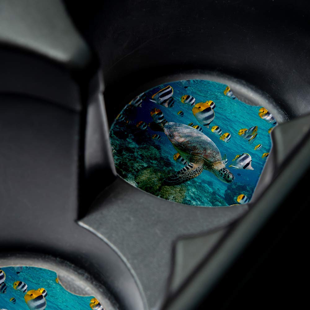 Sea Turtle & Sickle Butterflyfish Car Coasters Set of 2 - Absorbent Drink Coasters with Non-Slip Rubber Backing (2.56 Inch) - Perfect Car Accessories for Hot/Cold Beverages, Office Desk & Home Use