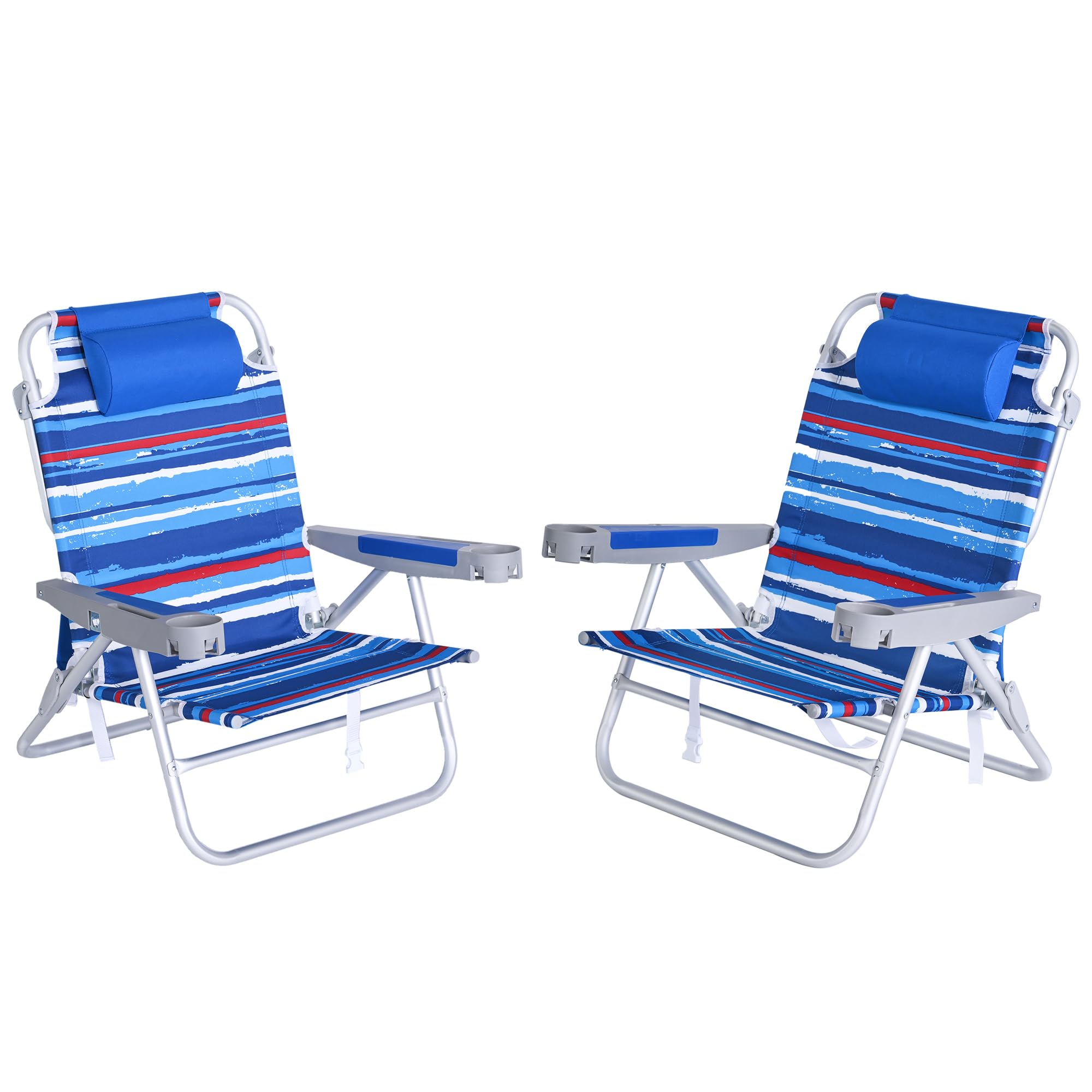 Extra Wide Low Beach Chair 2 Pack - Heavy Duty 500lbs Capacity, 5-Position Reclining Folding Camping Chairs with Cup Holder & Carry Strap - Portable Backpack Design for Adults, Perfect for Beach, Backyard, Poolside, Picnics & Outdoor Relaxation