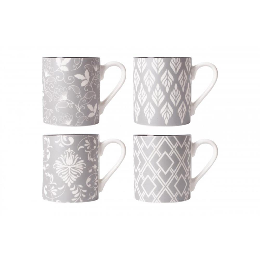 Premium Set of 4 Porcelain Bone China Coffee Mugs - 17oz Large Tea Cups with Elegant Grey & White Floral Geometric Design - Perfect for Home, Office, Gifts & Afternoon Tea Parties