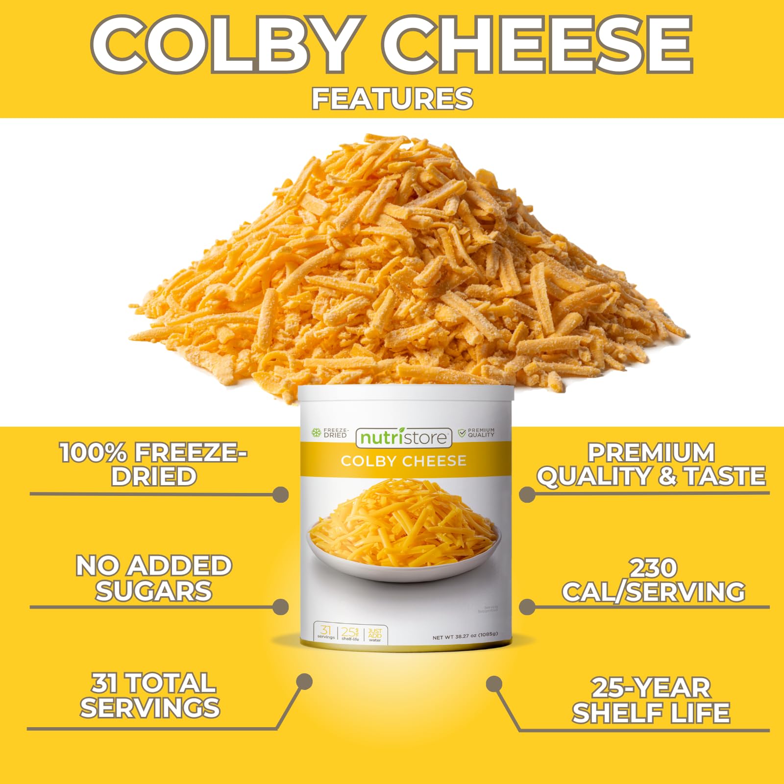 Nutristore Freeze Dried Colby Cheese Shreds | Long Shelf Life Emergency Food Supply (25 Years) | Bulk #10 Can 38.1oz (1080g) | Ideal for Camping, Hiking, Prepping & Everyday Cooking | Perfect for Cheese Toppings, Omelets, Pasta & Emergency Kits