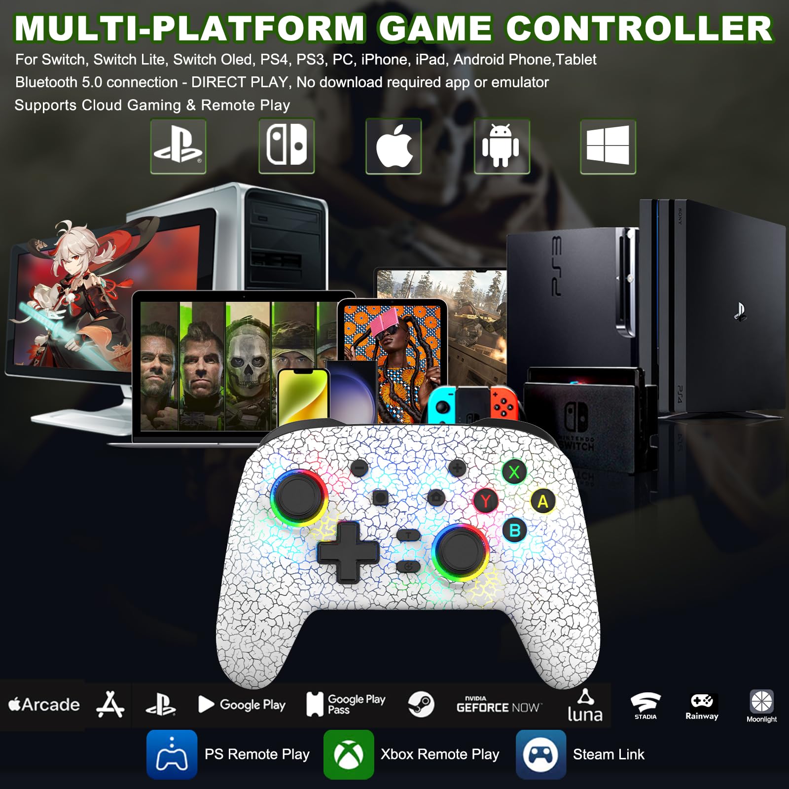 Wireless Switch Pro Controller for Nintendo Switch/Lite/OLED, PS4/PS3, PC, iPhone & Android - RGB Lighting, 6-Axis Gyro, Vibration & Turbo Function - Perfect for Gaming, Streaming & Multiplayer Sessions