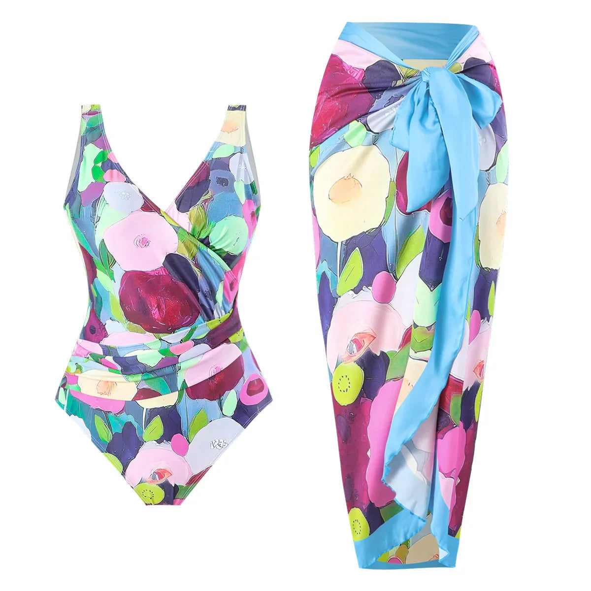 Elegant Blue Leaf Printed One Piece Swimsuit for Women - High Waisted Tummy Control Swimwear with Halter Neck | Perfect for Beach Vacations, Pool Parties & Summer Getaways