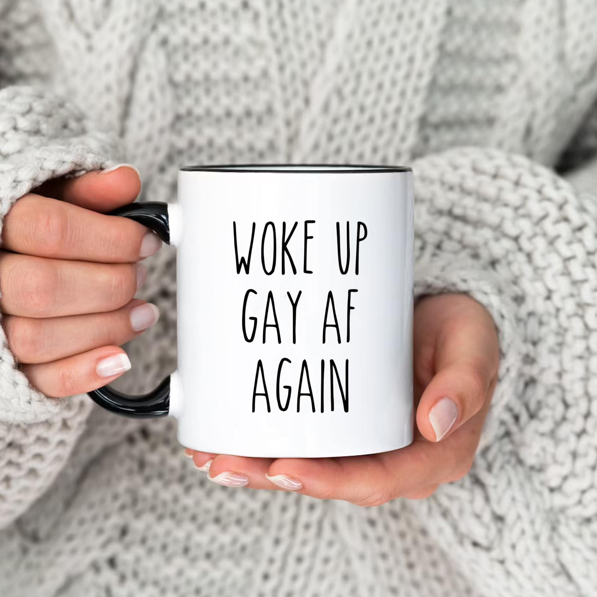 Woke Up Gay AF Again Mug - 11oz LGBTQ Pride Ceramic Coffee Cup with Black Accent - Funny Gift for Gay, Lesbian, Bi, Trans & Queer Friends - Perfect for Morning Coffee, Office Use & Pride Celebrations