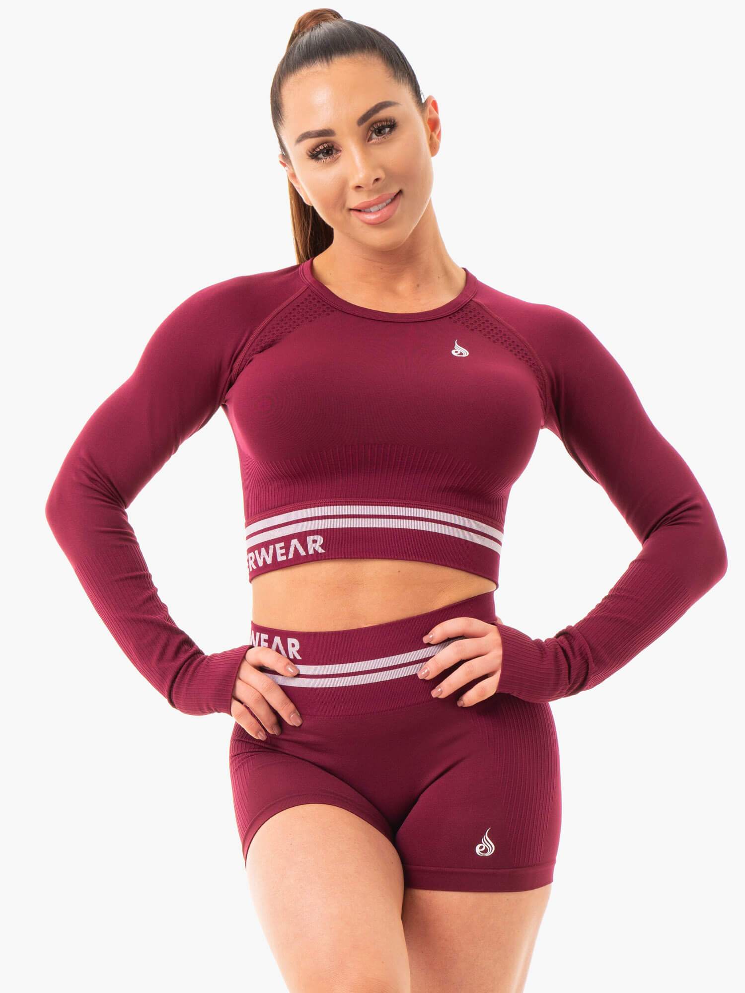 Freestyle Seamless Long Sleeve Crop Top - Burgundy Red for Women | Yoga, Workout & Casual Wear
