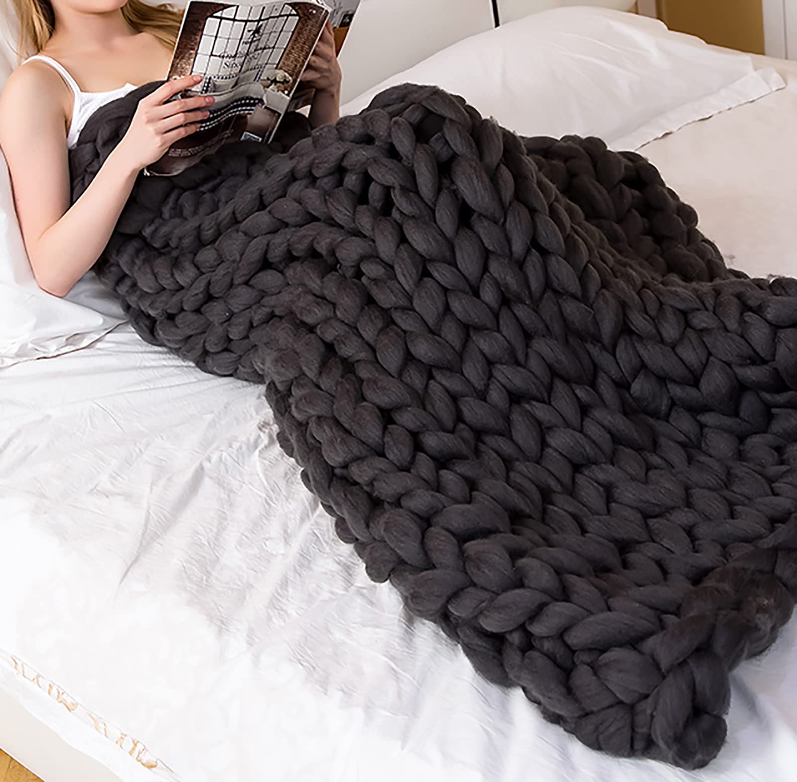 Soft Chunky Knitted Wool Throw Blanket - Handmade Cozy Yarn Blanket for Bed, Sofa & Yoga (80x100cm, Black) | Perfect for Home Decor, Winter Warmth & Meditation Spaces