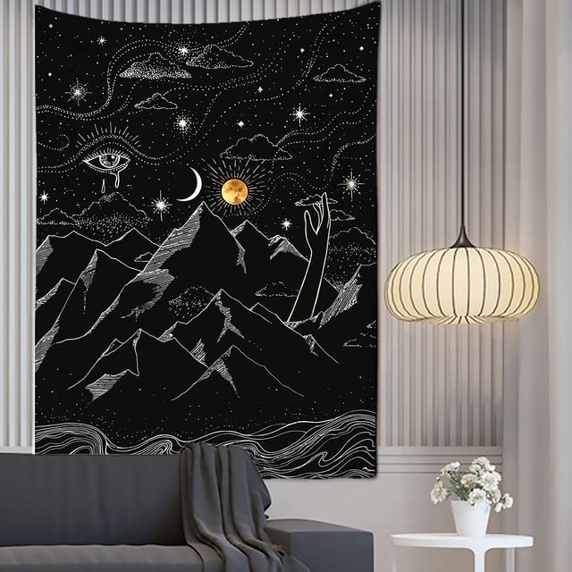 Boho Moon Tapestry Wall Hanging - Black and White Psychedelic Art Decor for Bedroom, Living Room, Dorm (150x130cm/59x51in) - Perfect for Hippie Aesthetic, Meditation Spaces & Festival Backdrops