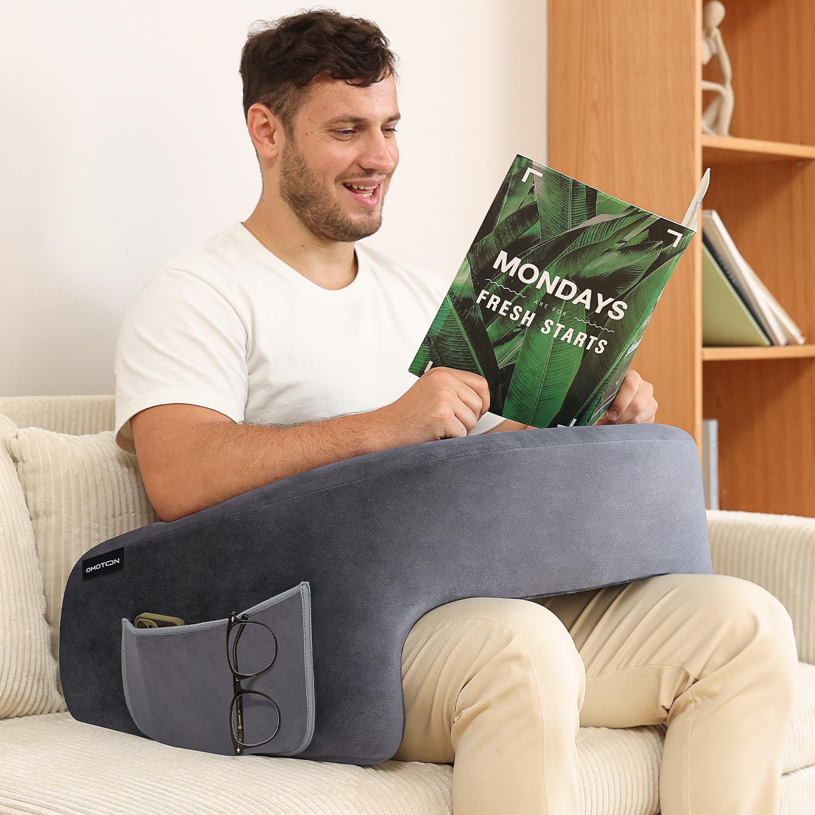 OMOTON Extra Large Memory Foam Reading Pillow - Lap Desk Pillow for Adults, Gaming Pillow with Arm Rest - Perfect for Reading, Working & Playing in Bed or Sofa - Comfortable Body Support (Deep Grey) - Ideal for Home Office, Gaming Setup & Relaxation